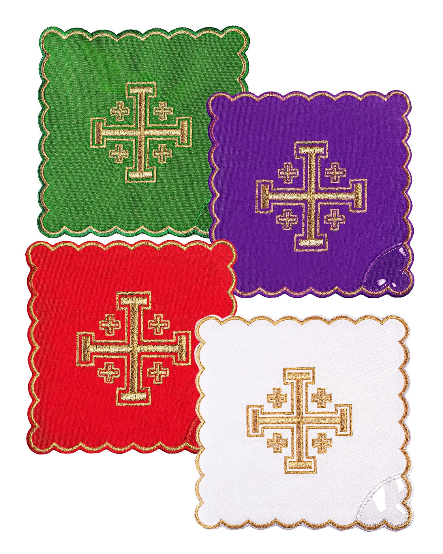Set of palls with embroidered Jerusalem cross in four liturgical colors