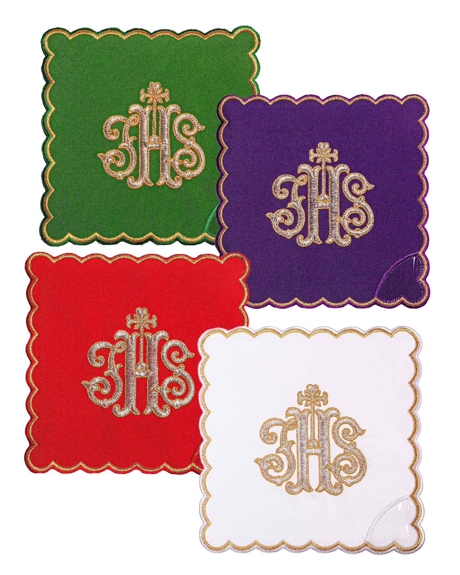 Set of palls with the IHS symbol in four liturgical colors