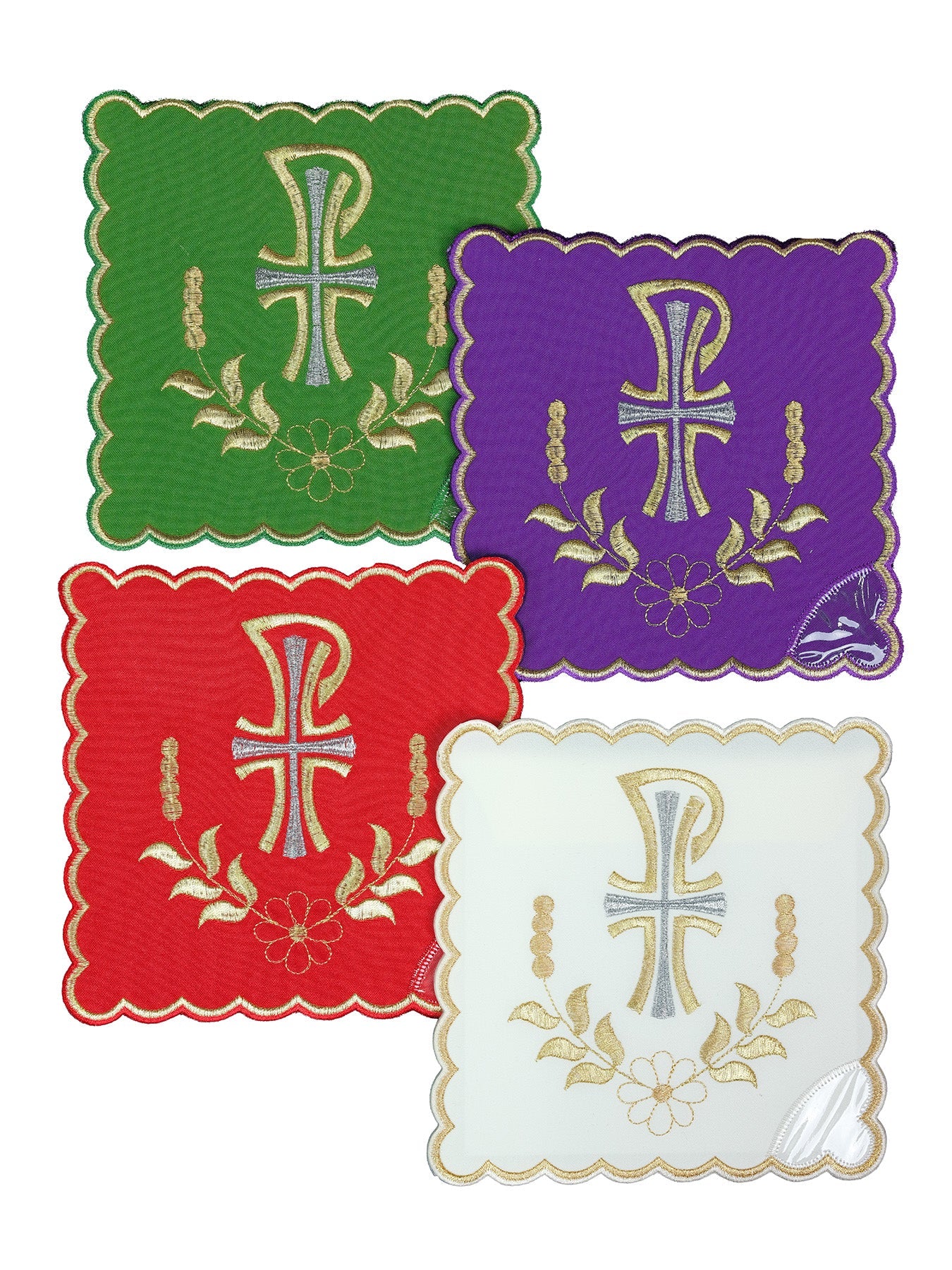 Set of chalice palls with the PAX symbol in four liturgical colors