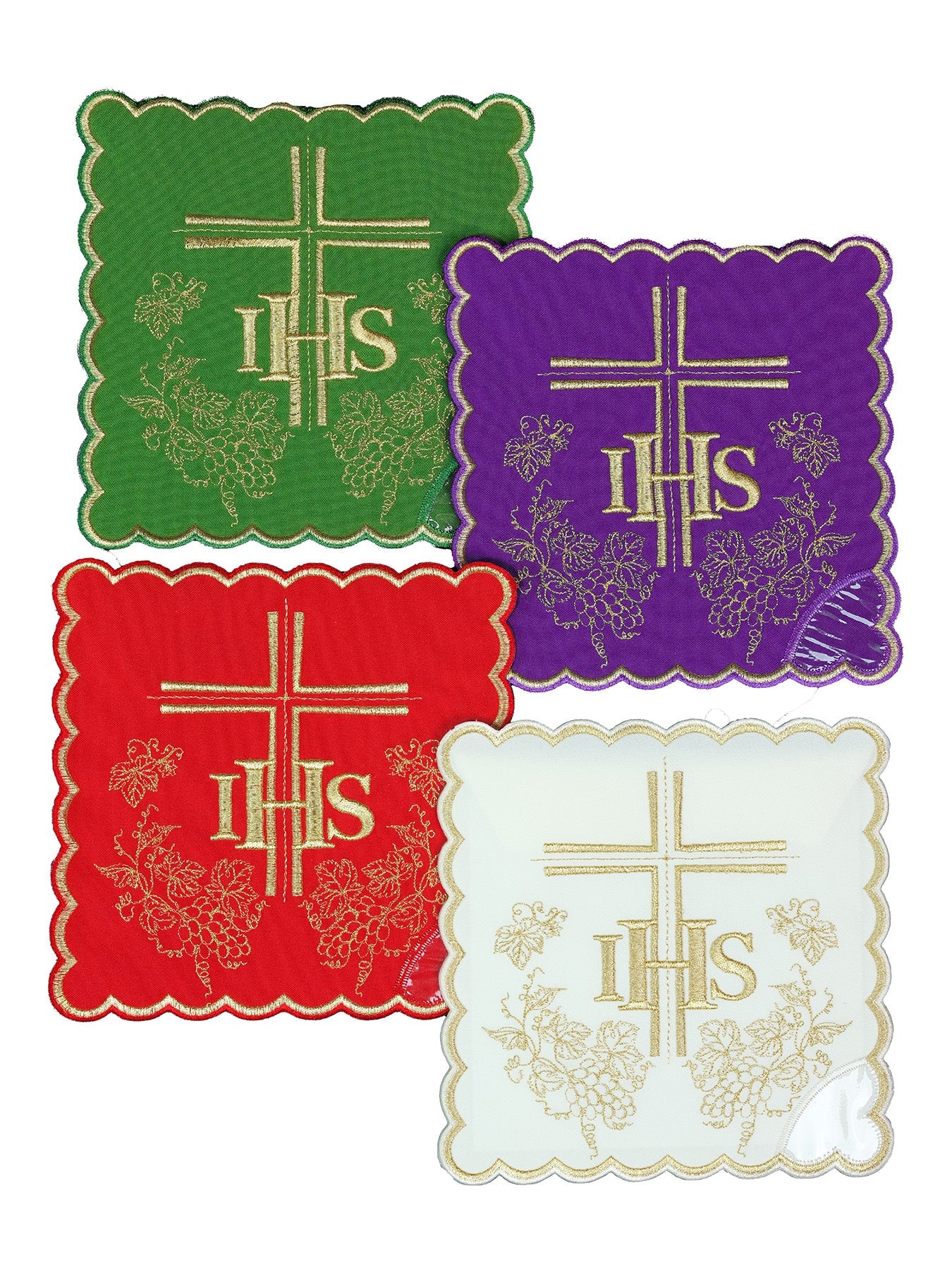 Set of chalice palls with the IHS symbol in four liturgical colors
