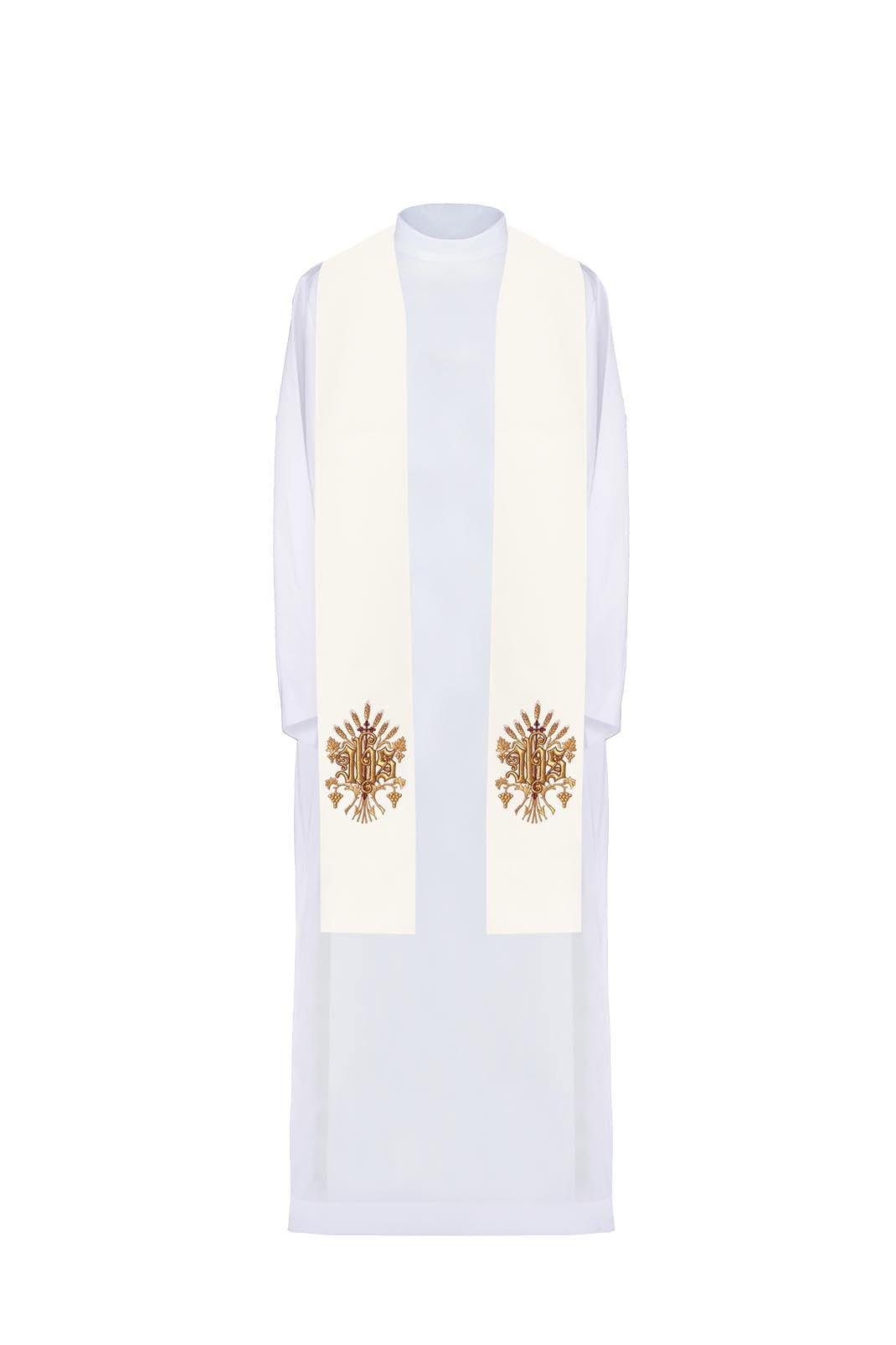 Front view of a Priest Stole Embroidered with IHS, white with gold IHS embroidery