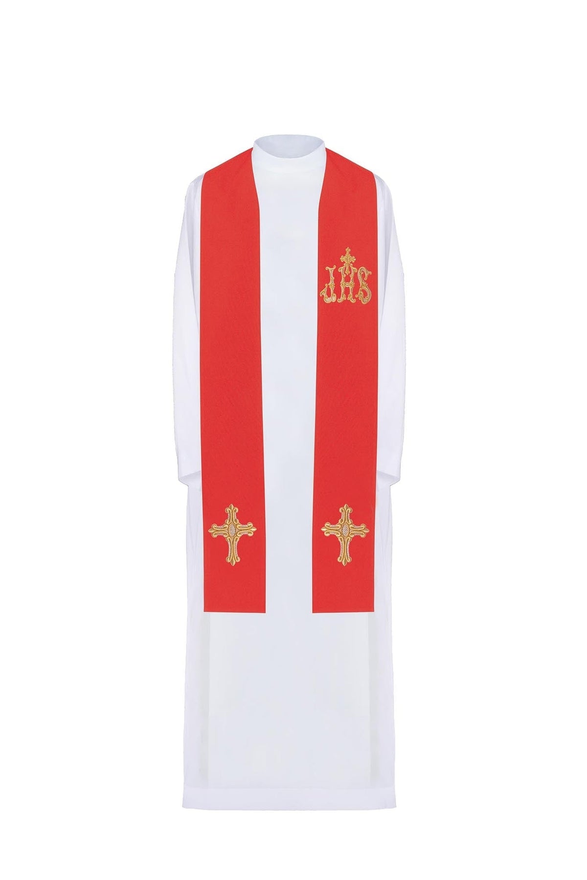 Front view of Red Priest Stole Embroidered with a Cross and IHS, red with gold embroidery
