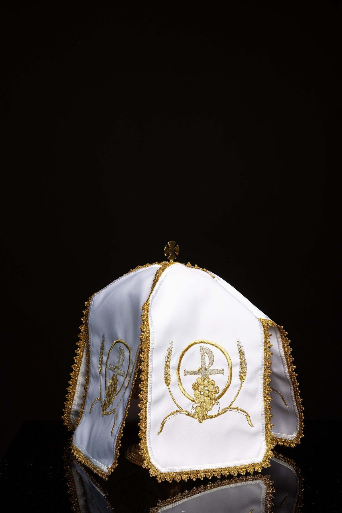 Front view of Ciborium Veil Embroidered with PAX in white with gold trim and Eucharistic embroidery