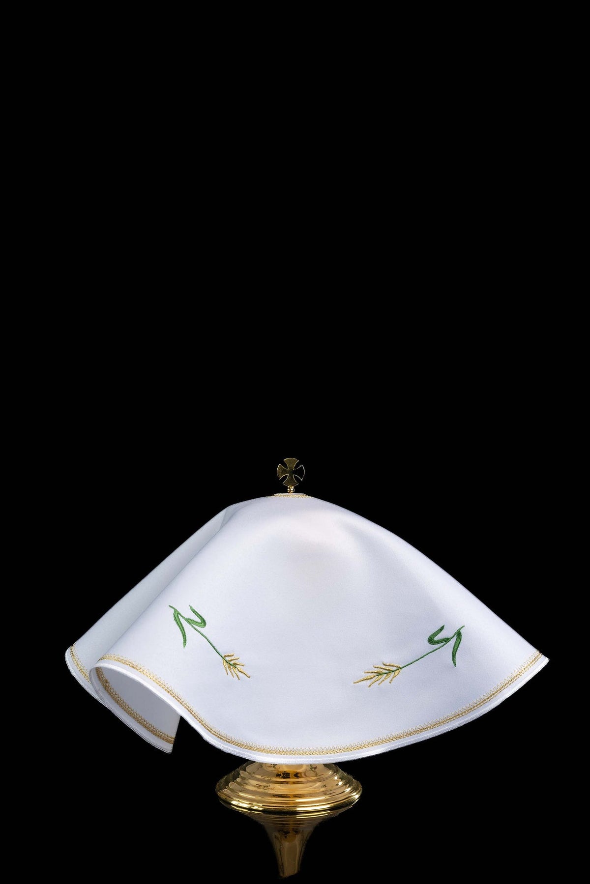 Back view of the white ciborium veil with green and gold wheat embroidery