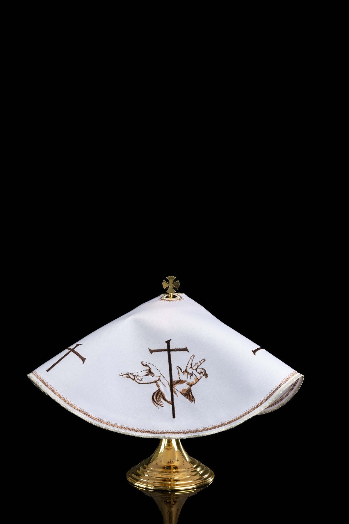 Front view of Ciborium Veil Cut-Out and Embroidered with a Franciscan Motif, white with brown embroidery