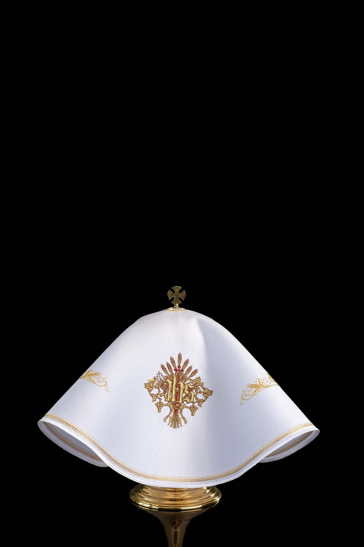 Front view of a white Round Ciborium Veil Embroidered with IHS and the Sacred Heart of Jesus