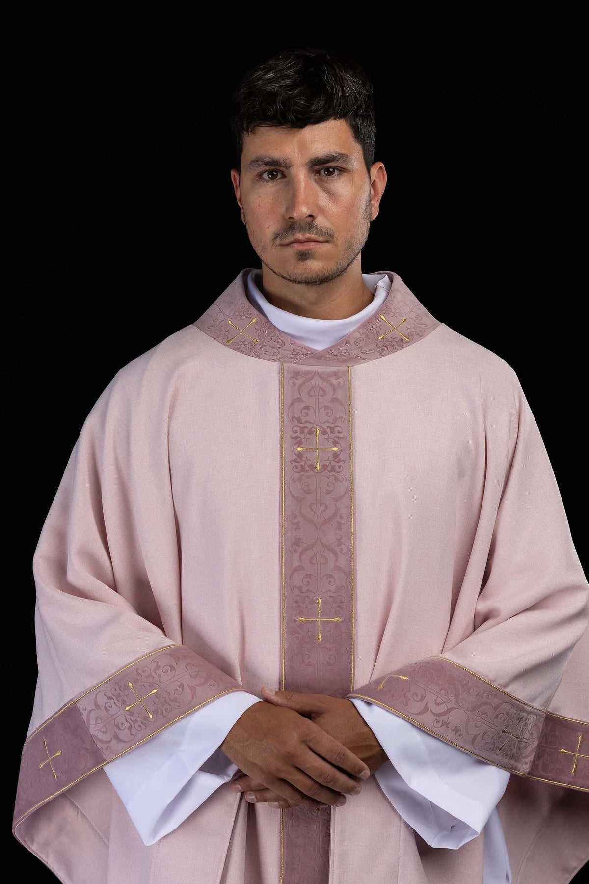 Front view of Rose Chasuble Embroidered with Gold Crosses on an Orphrey, rose with gold crosses