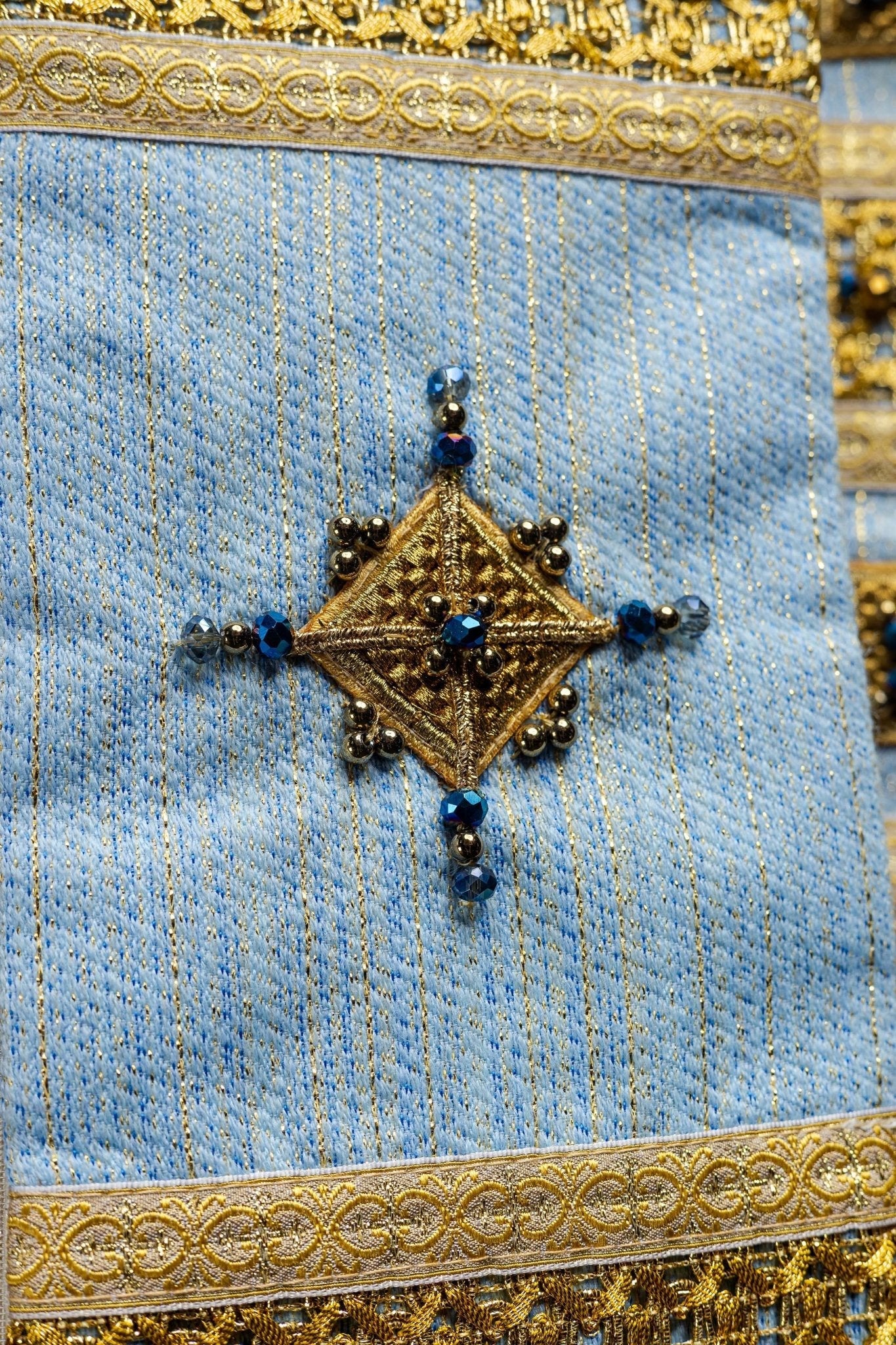 Light blue chasuble with natural stones Handmade 7004 HM/7004/05/95 - HAFTINAUSA.COM
