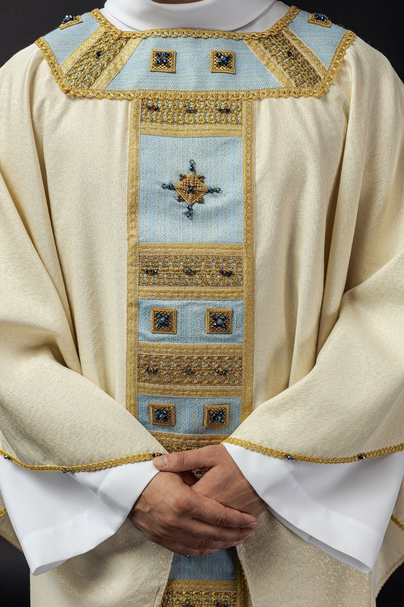 Light blue chasuble with natural stones Handmade 7004 HM/7004/05/95 - HAFTINAUSA.COM