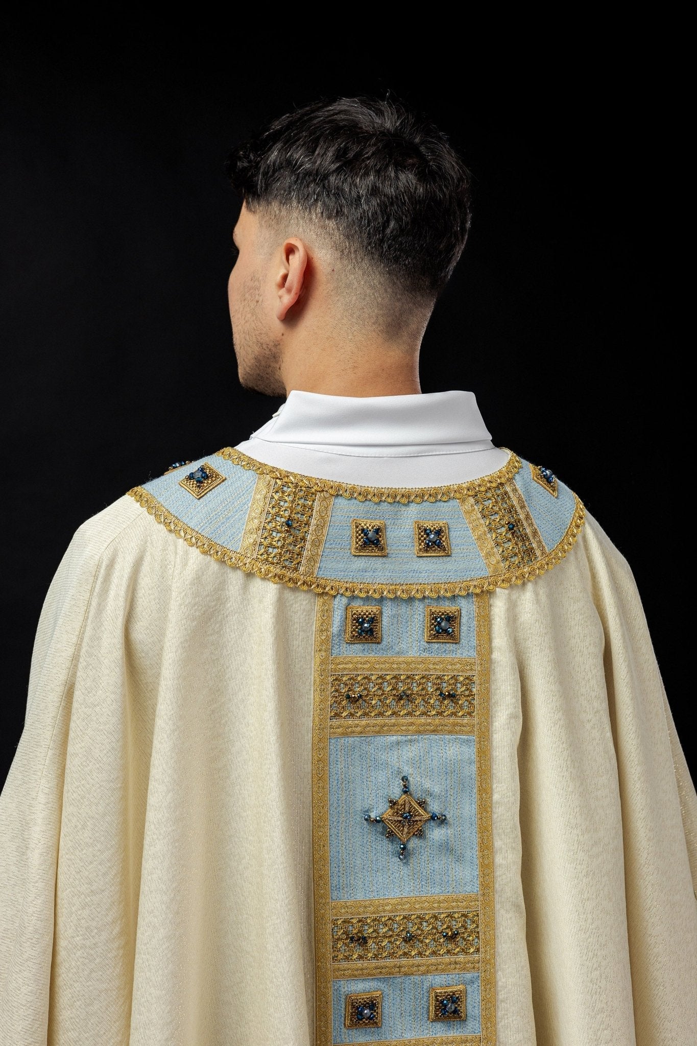 Light blue chasuble with natural stones Handmade 7004 HM/7004/05/95 - HAFTINAUSA.COM