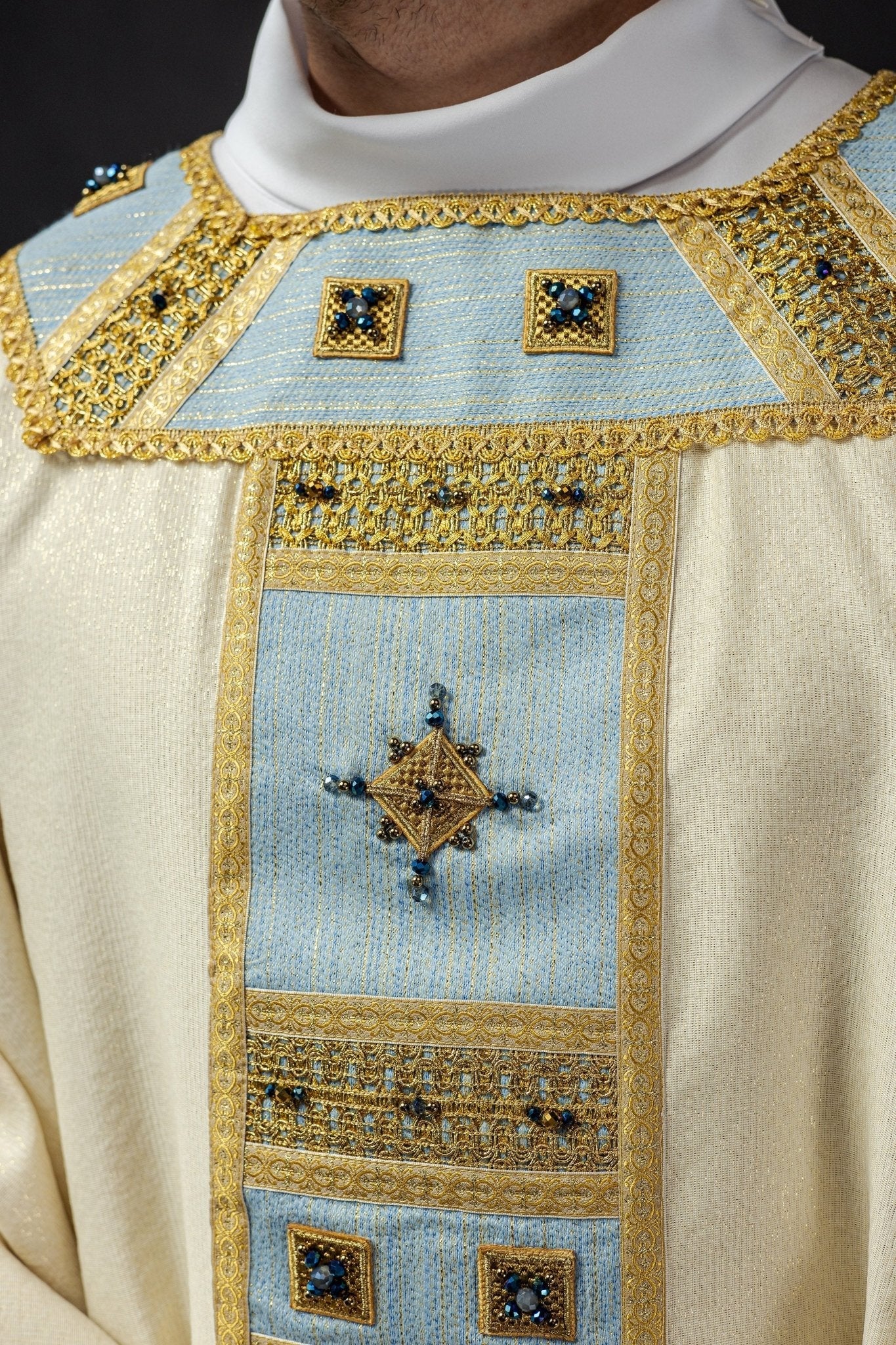 Light blue chasuble with natural stones Handmade 7004 HM/7004/05/95 - HAFTINAUSA.COM
