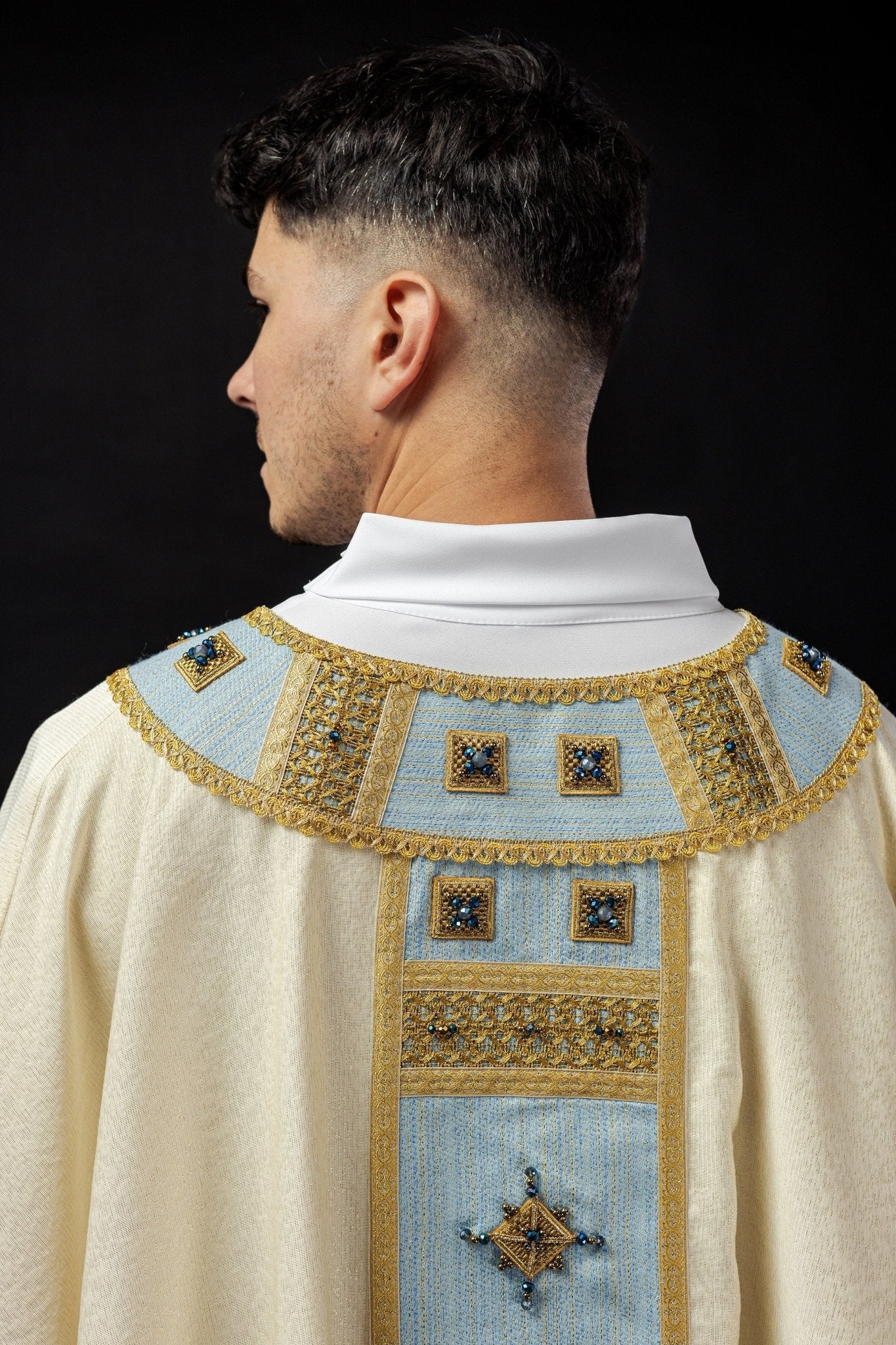 Light blue chasuble with natural stones Handmade 7004 HM/7004/05/95 - HAFTINAUSA.COM