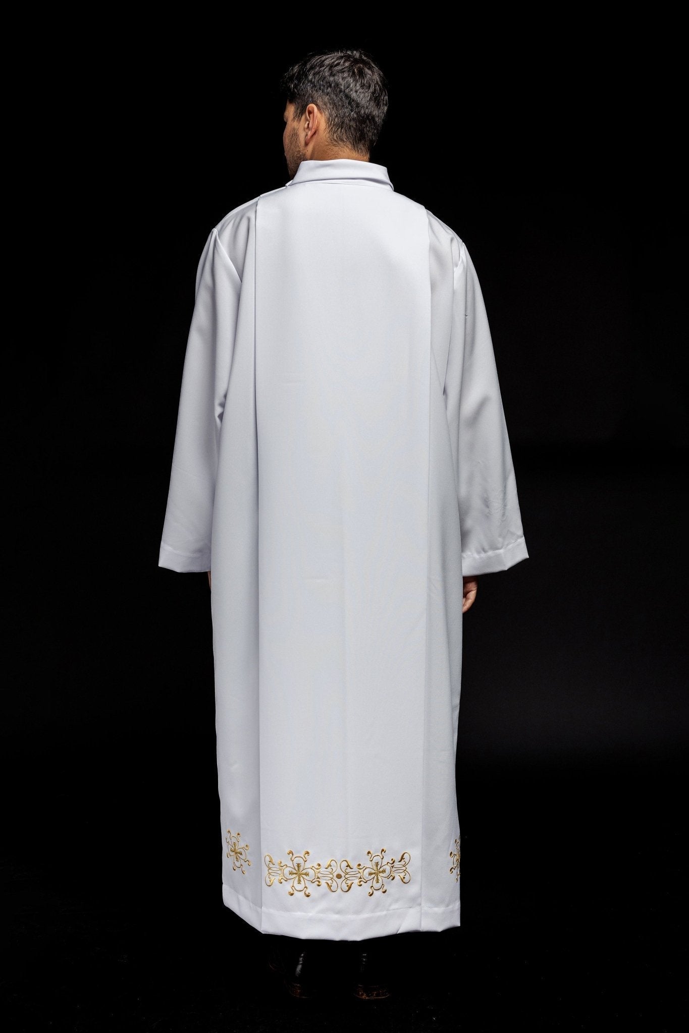 Liturgical alb with turtleneck decorated with embroidery white S - 6053 - 04 135cm/164cm - HAFTINAUSA.COM