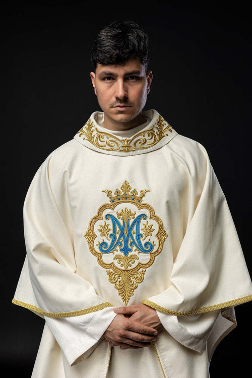 Liturgical Chasuble with Embroidered Marian Coat of Arms and Crown Liturgical Chasuble with Embroidered Marian Coat of Arms and Crown