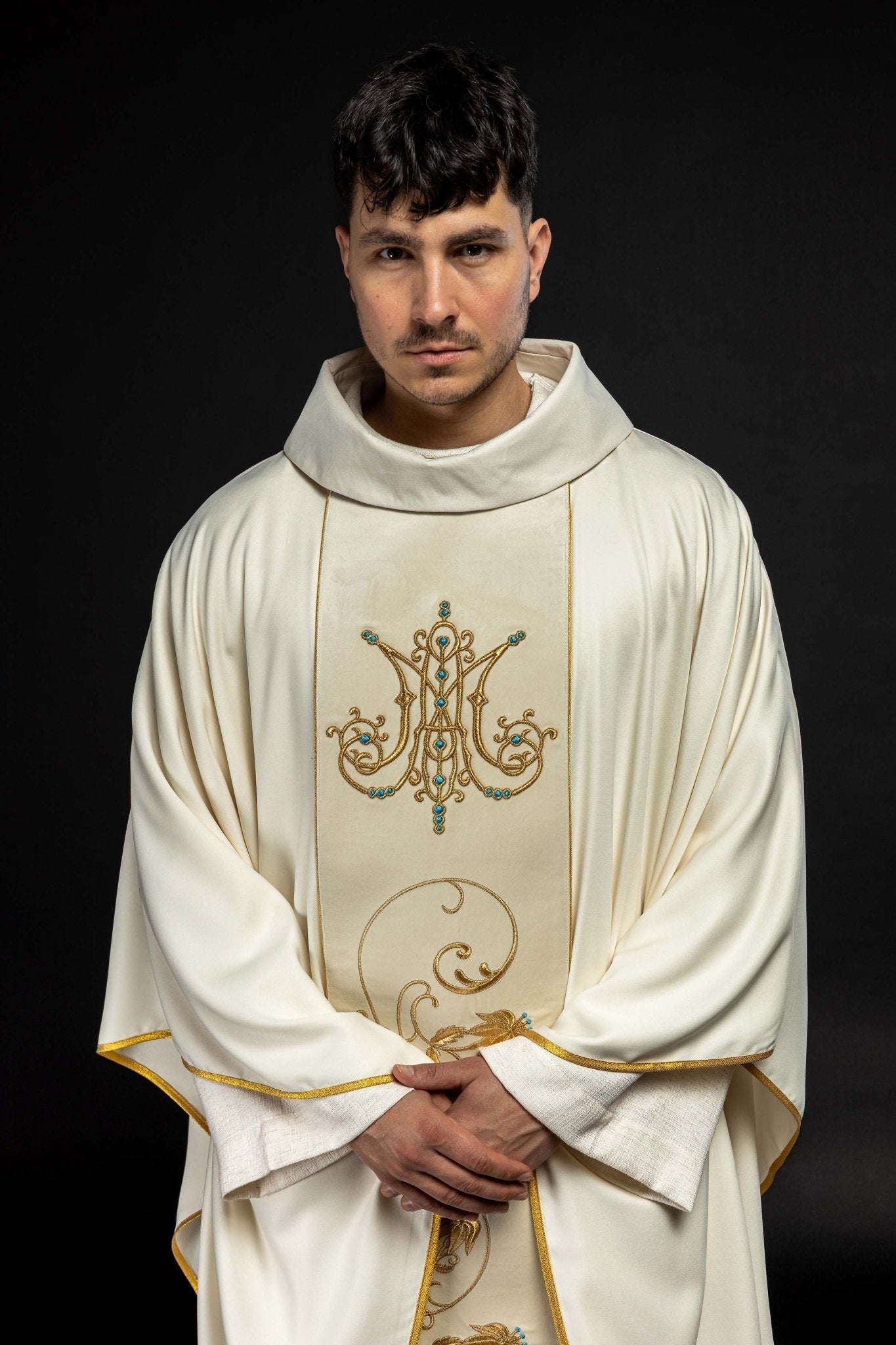 Liturgical Marian Chasuble with a velvet belt in ecru KOR/372/05/53/PA ECRU - HAFTINAUSA.COM