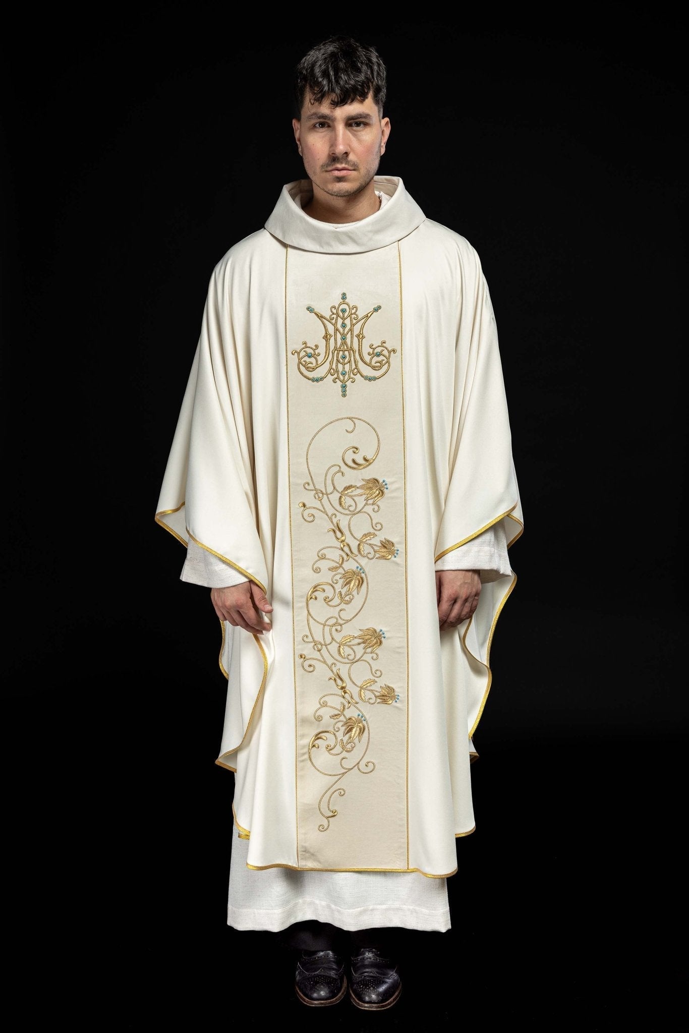 Liturgical Marian Chasuble with a velvet belt in ecru KOR/372/05/53/PA ECRU - HAFTINAUSA.COM