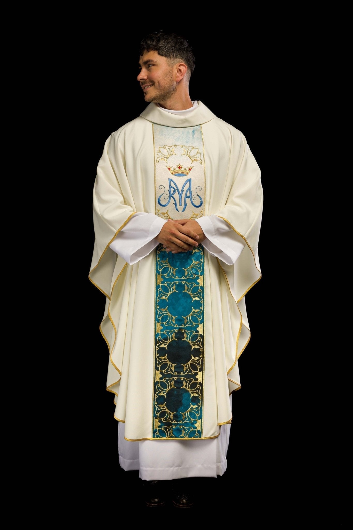 Marian liturgical chasuble with an embroidered and sublimated belt in ecru HA7015 - 05 ECRU - HAFTINAUSA.COM