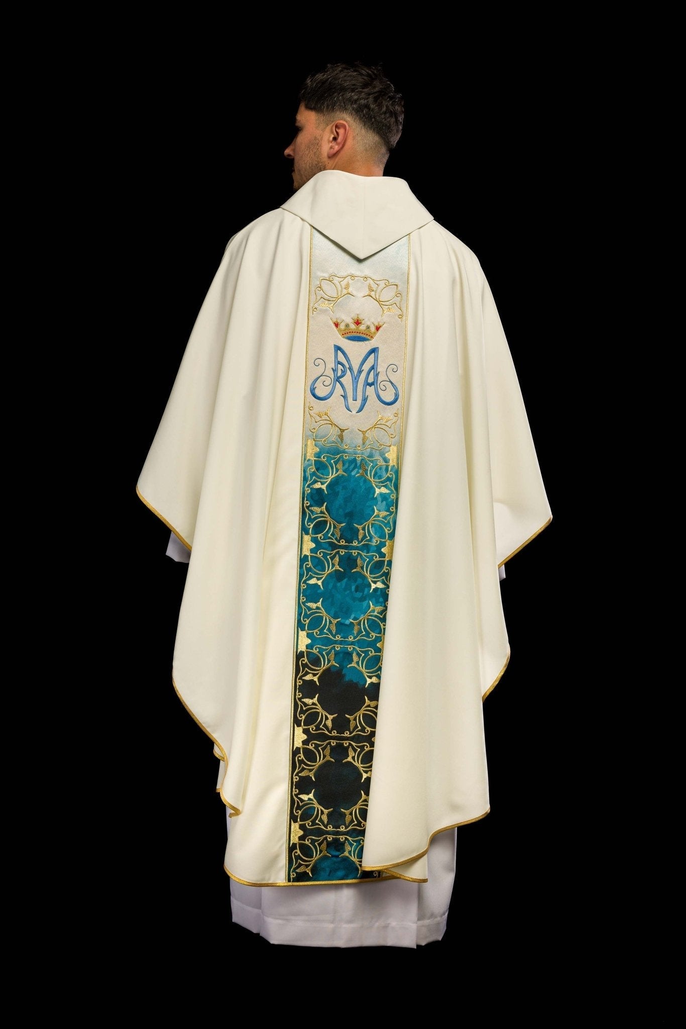 Marian liturgical chasuble with an embroidered and sublimated belt in ecru HA7015 - 05 ECRU - HAFTINAUSA.COM