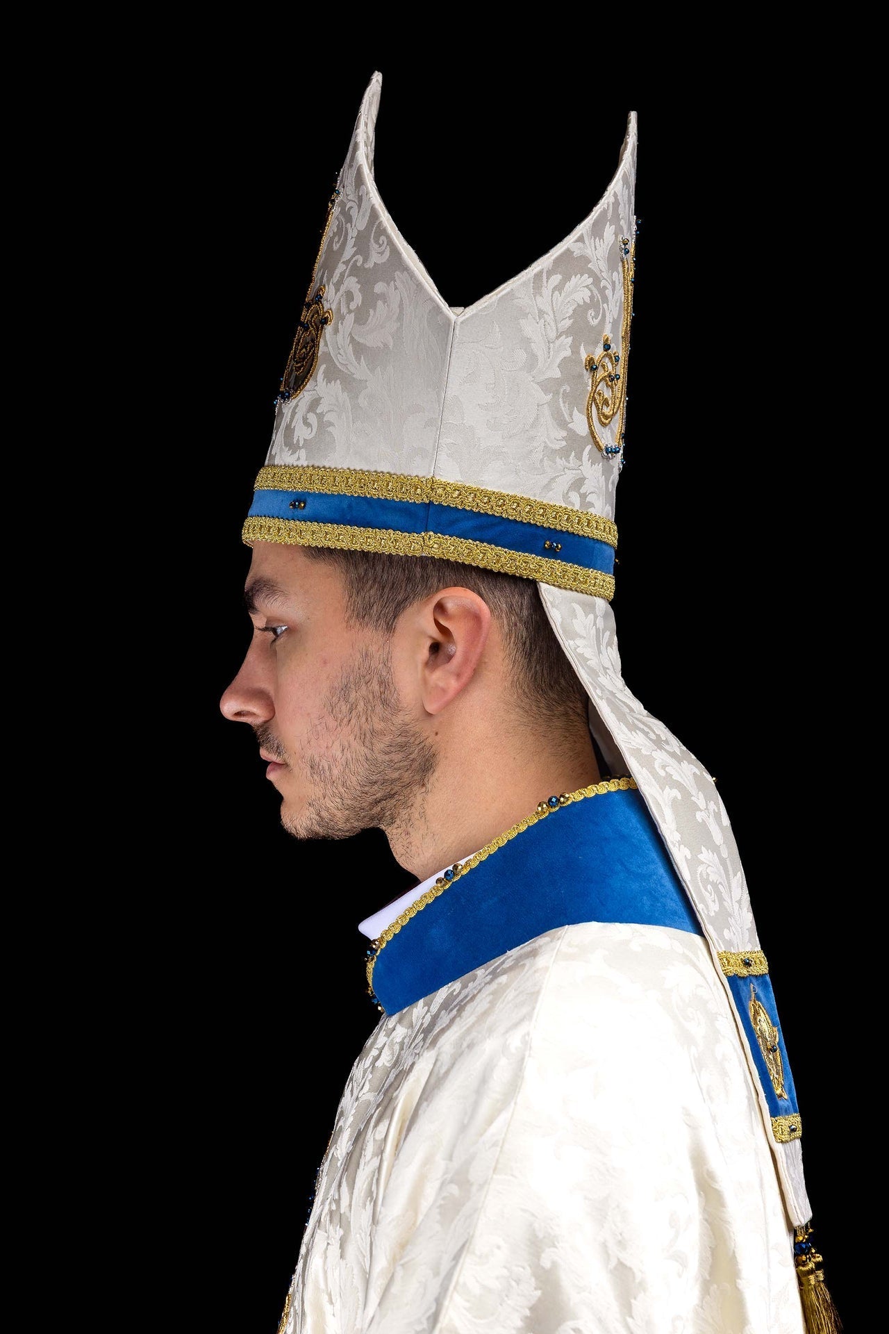 Marian mitre with natural stones Handmade 9006 HM/9006/05/88-1 - CHASUBLES.COM