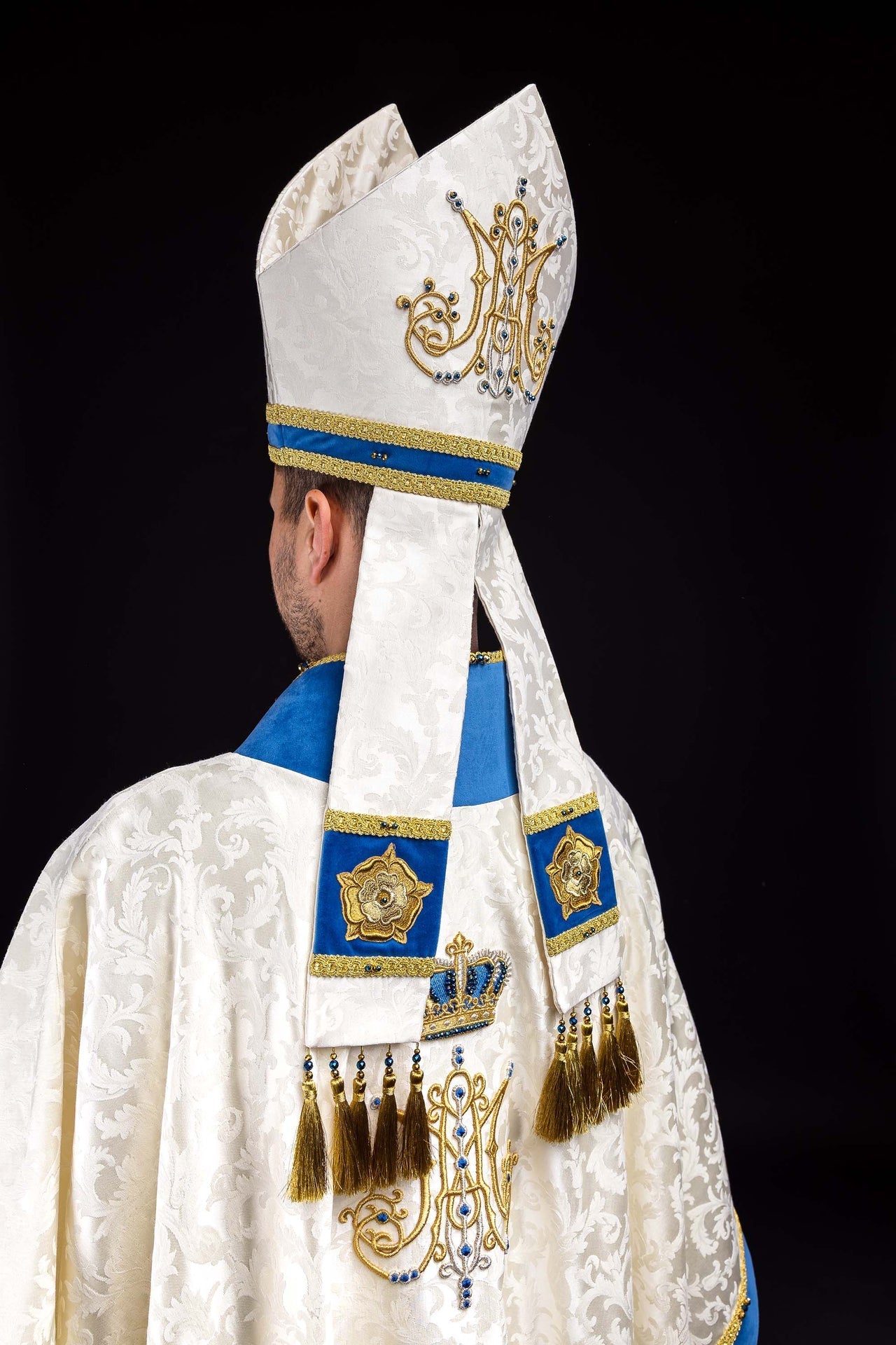 Marian mitre with natural stones Handmade 9006 HM/9006/05/88-1 - CHASUBLES.COM