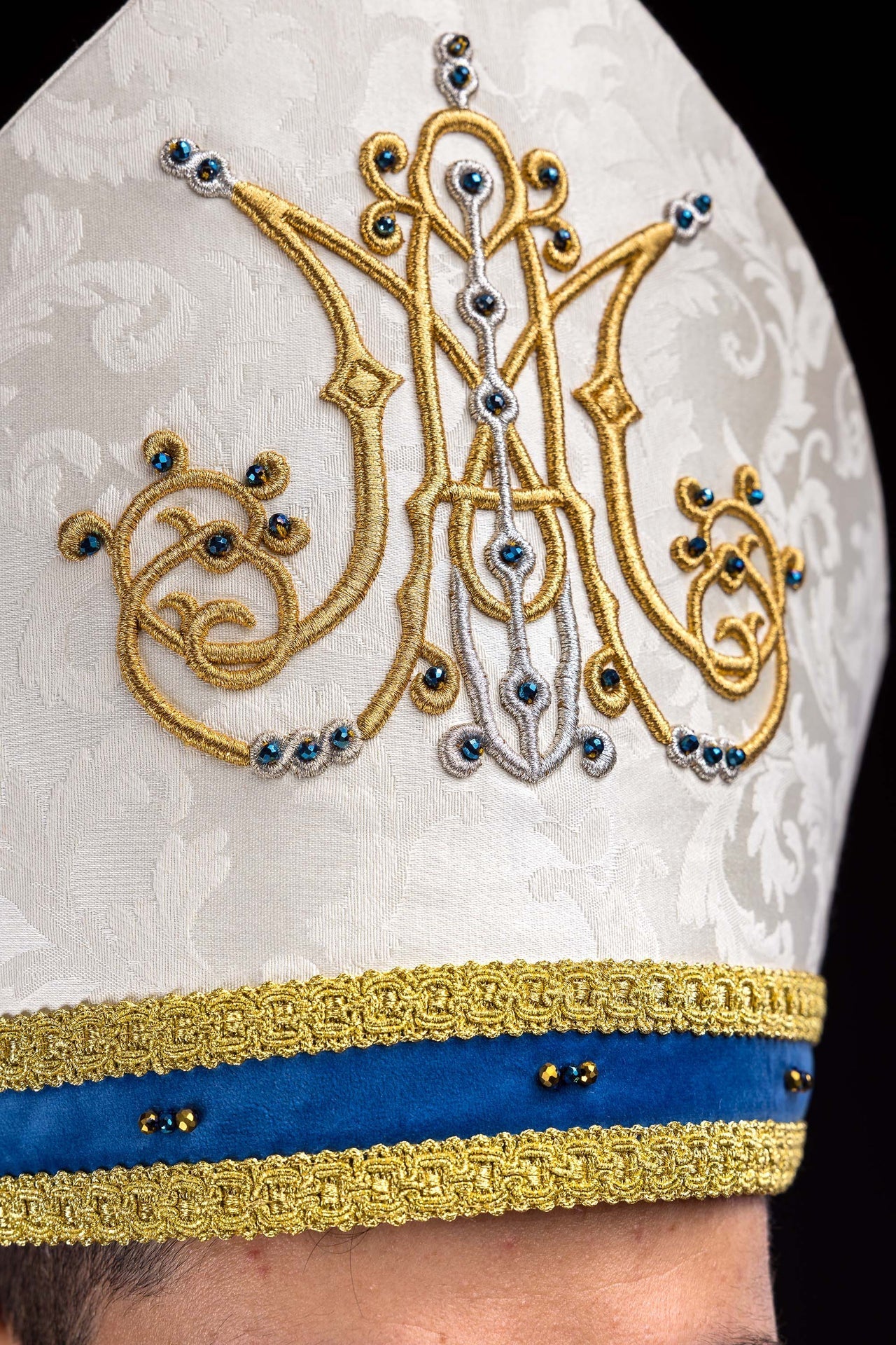 Marian mitre with natural stones Handmade 9006 HM/9006/05/88-1 - CHASUBLES.COM