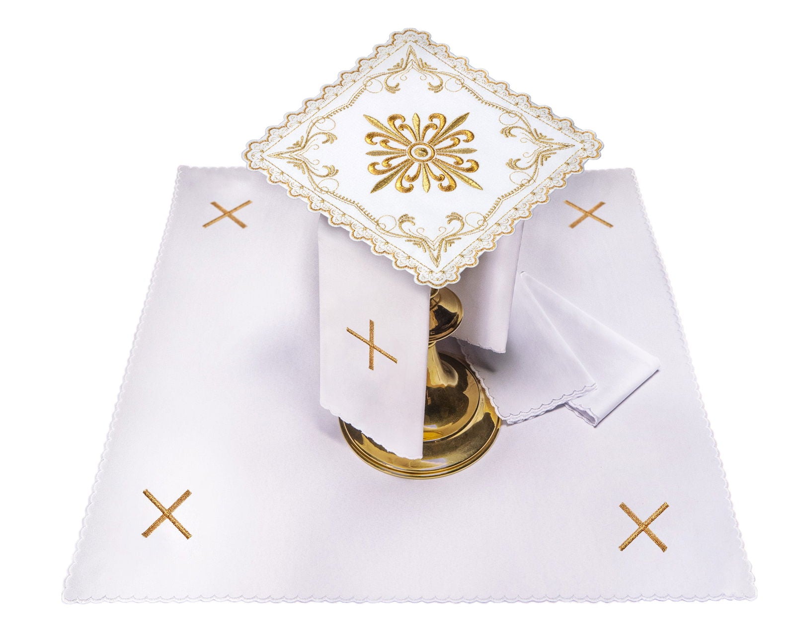 Mass altar linen set with golden cross motif with decorative embroidery S - 5554 - HAFTINAUSA.COM