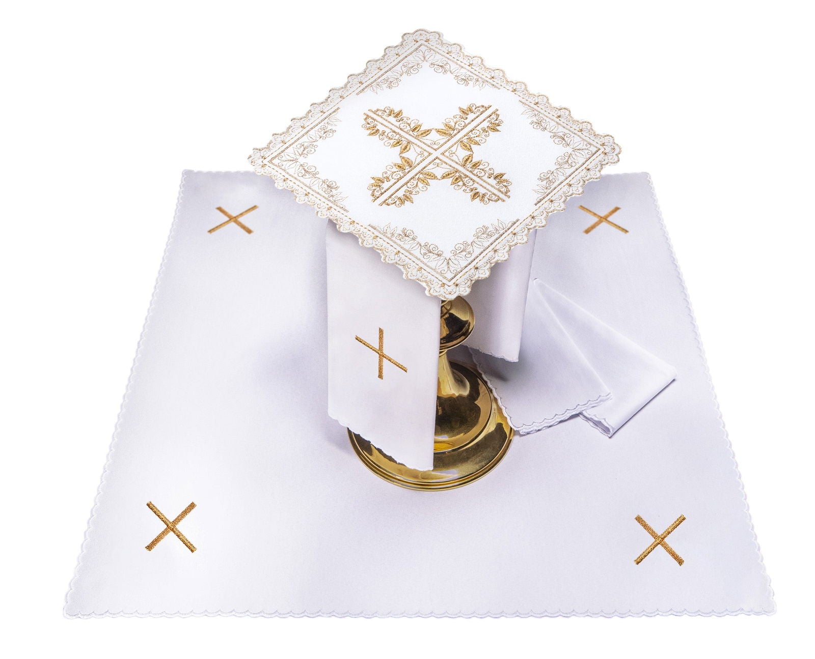 Mass linen set with cross motif framed by floral embroidery S - 5551 - HAFTINAUSA.COM