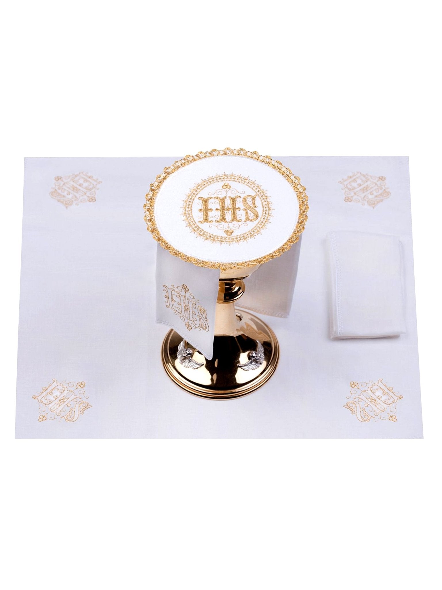 Mass linen set with the IHS motif with rounded pall S - 5006 - HAFTINAUSA.COM