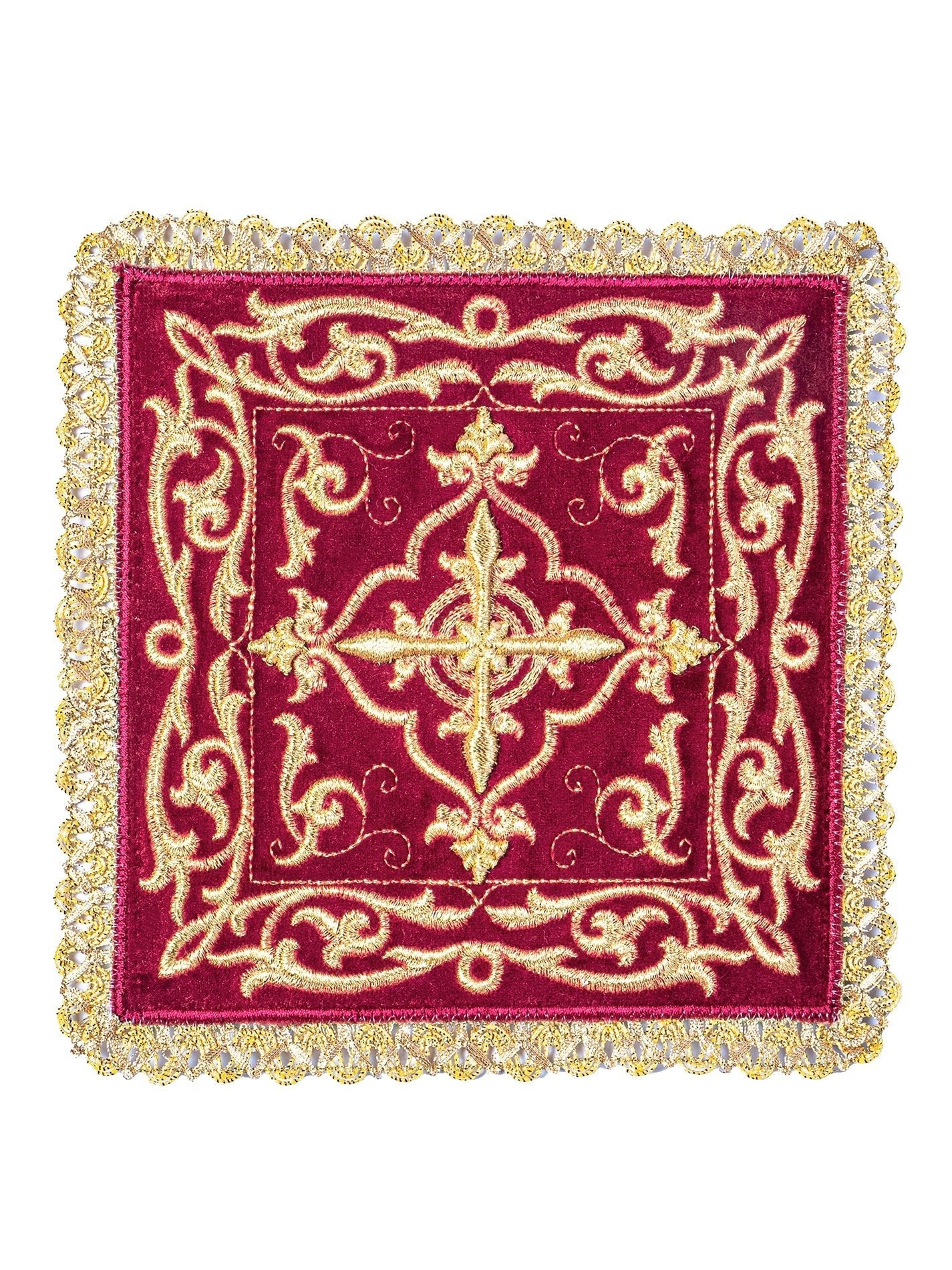 Mass linen with cross motif and pall made of red velvet KKL/5003/C1 - HAFTINAUSA.COM