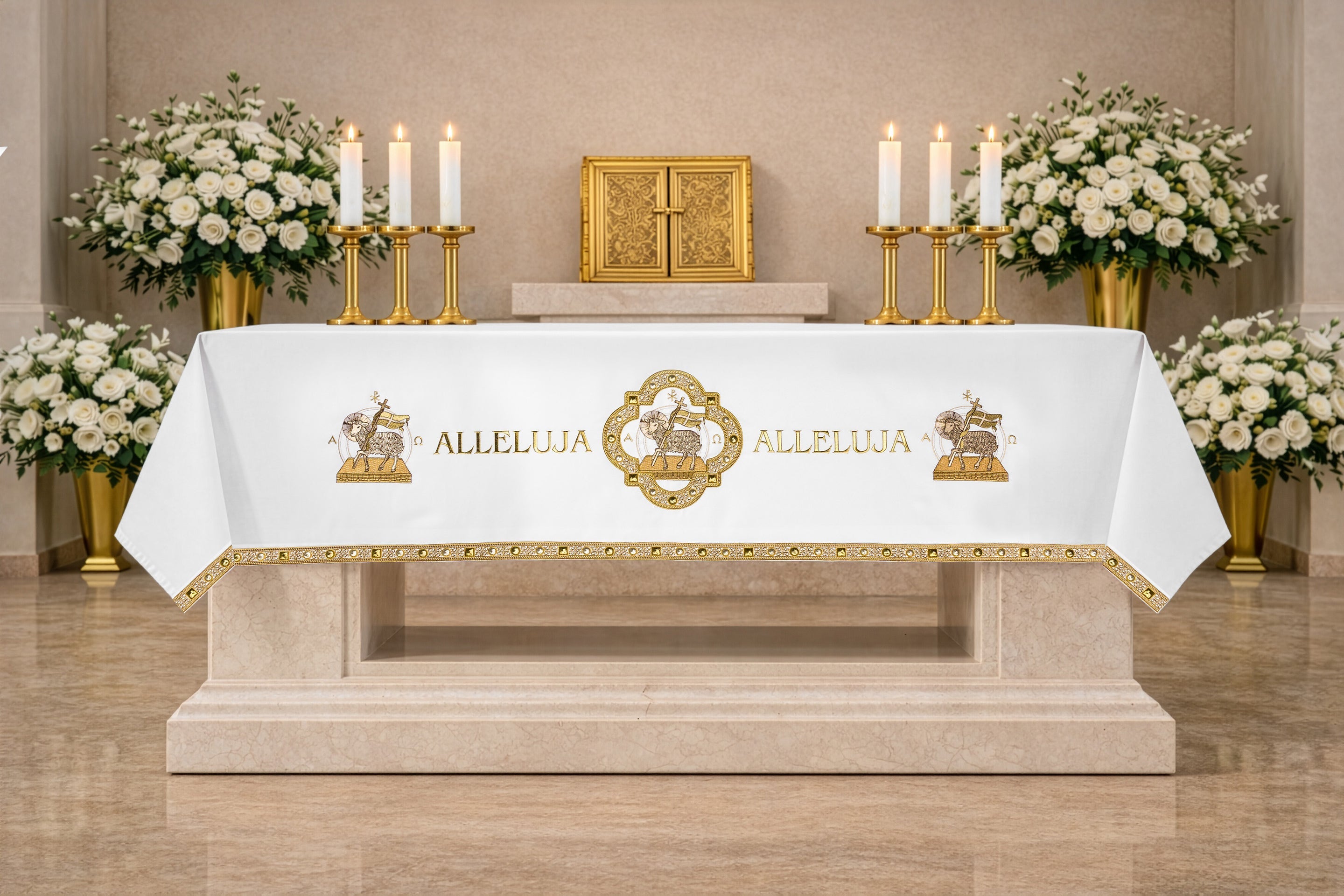 Obrus ołtarzowy na wielkanoc z haftem baranka - CHASUBLES.COM