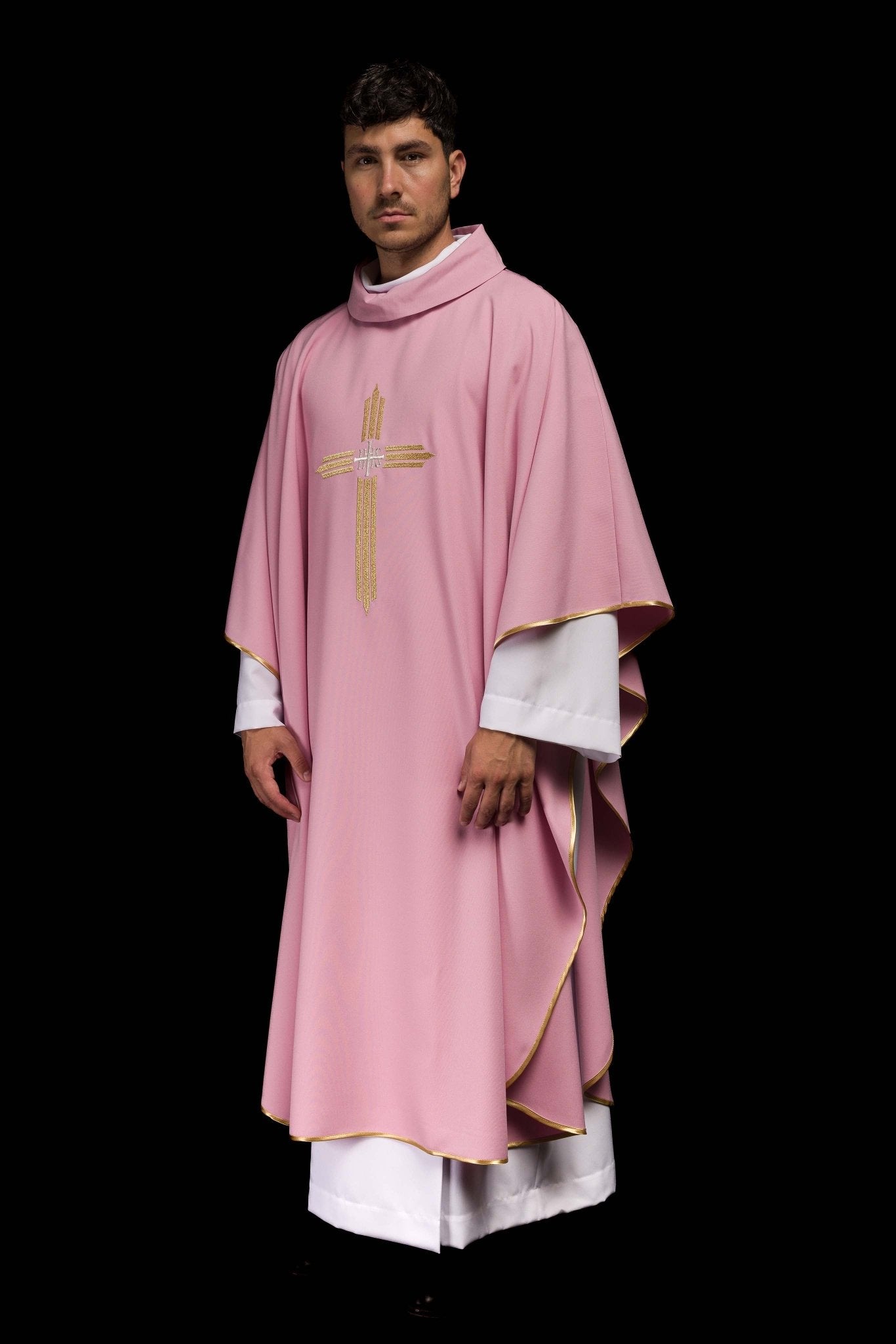 Pink chasuble embroidered with the symbol of Cross IHS KOR/017/08/12 RÓŻ - CHASUBLES.COM