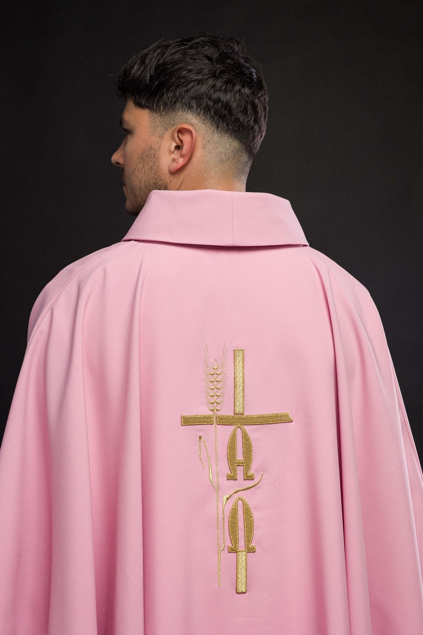 Pink chasuble with cross and alfa omega symbols KOR/013/08/12 RÓŻ - HAFTINAUSA.COM