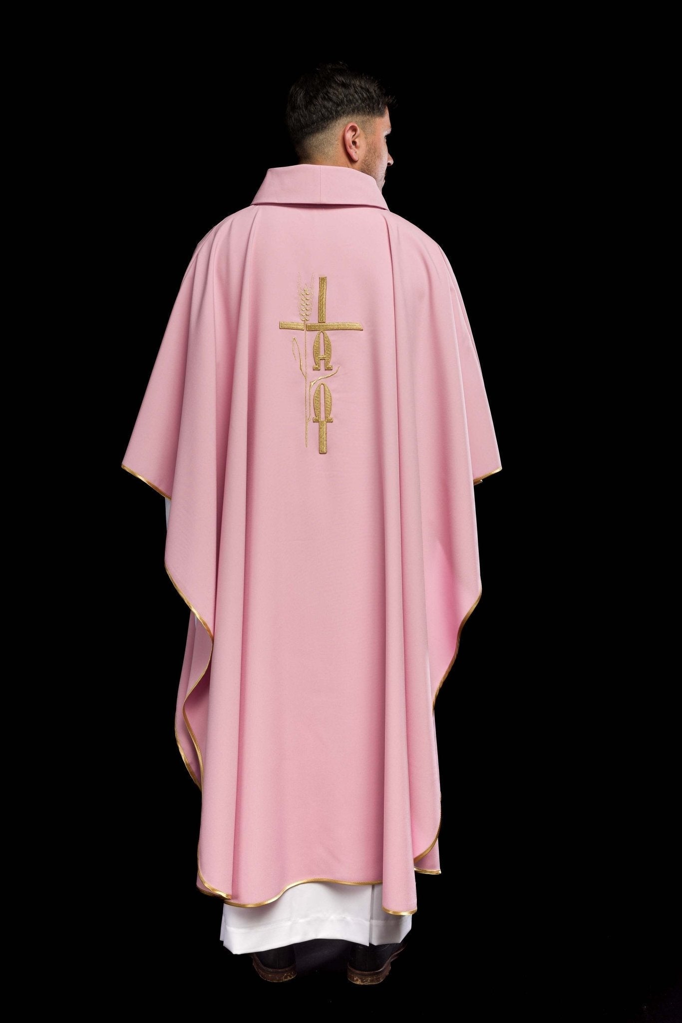 Pink chasuble with cross and alfa omega symbols KOR/013/08/12 RÓŻ - HAFTINAUSA.COM