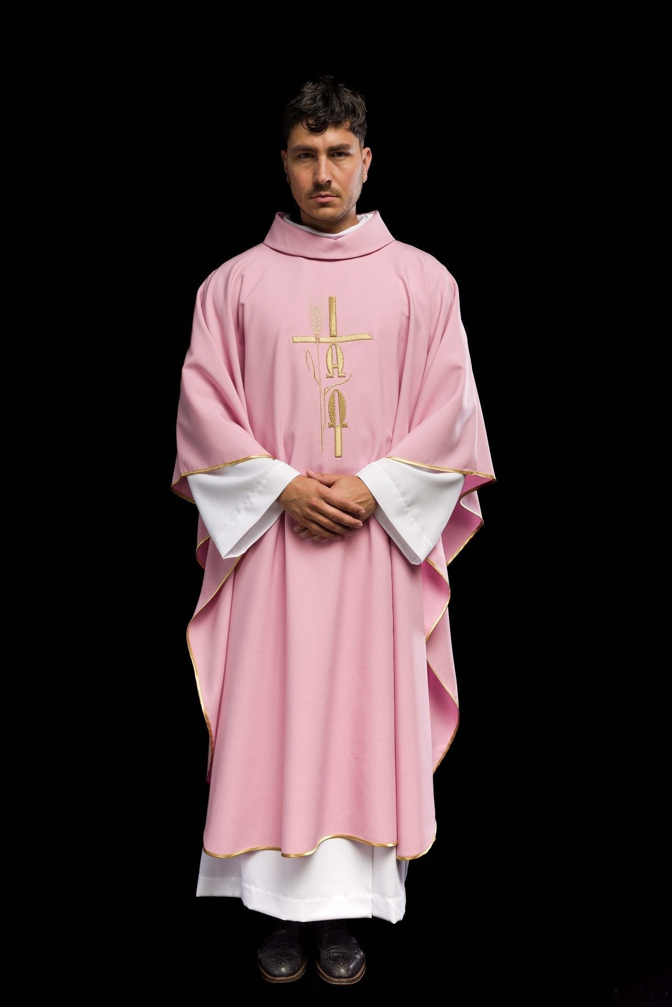 Pink chasuble with cross and alfa omega symbols KOR/013/08/12 RÓŻ - HAFTINAUSA.COM