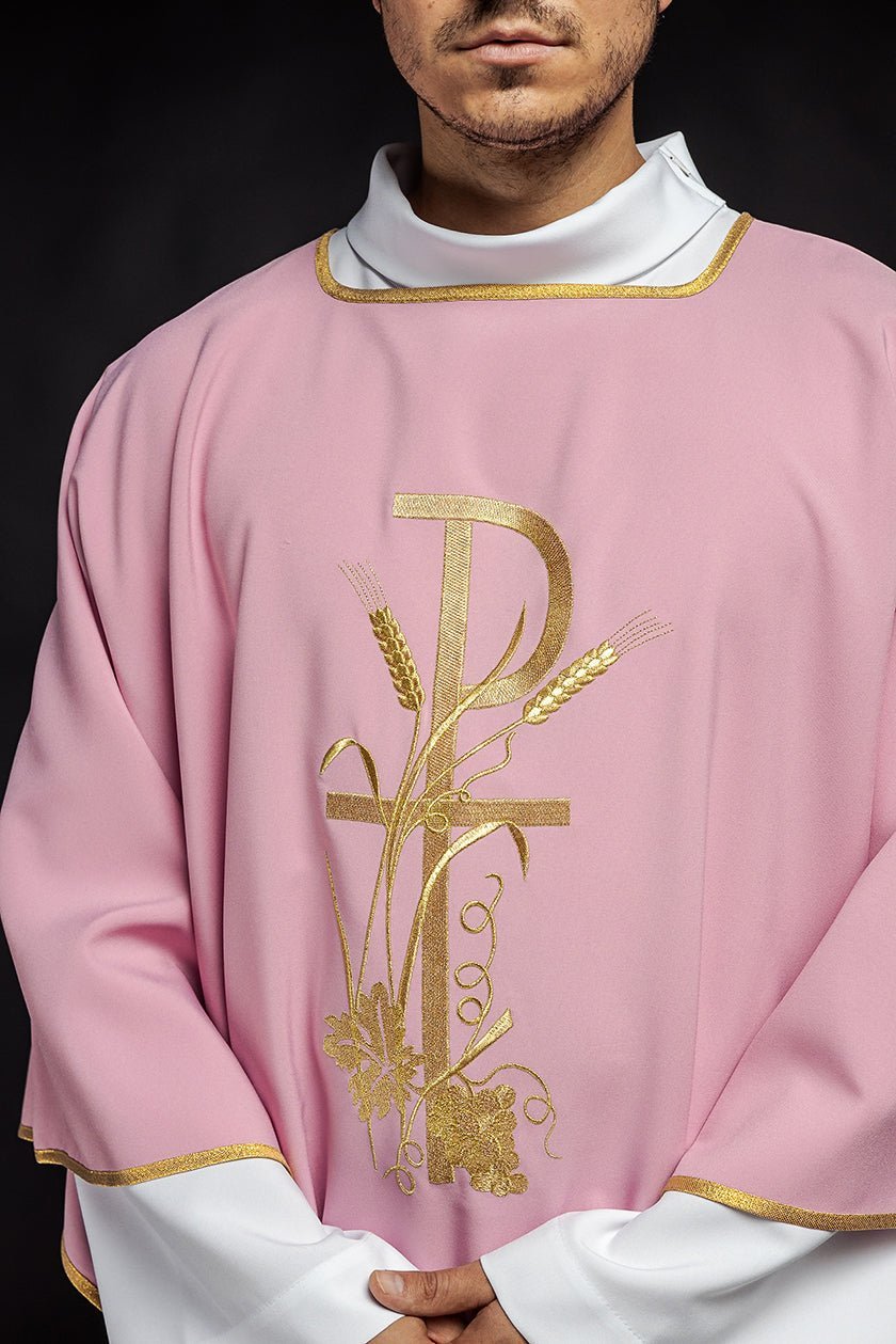 Pink dalmatic with gold Pax cross embroidery KDL/026/08/12/D - HAFTINAUSA.COM