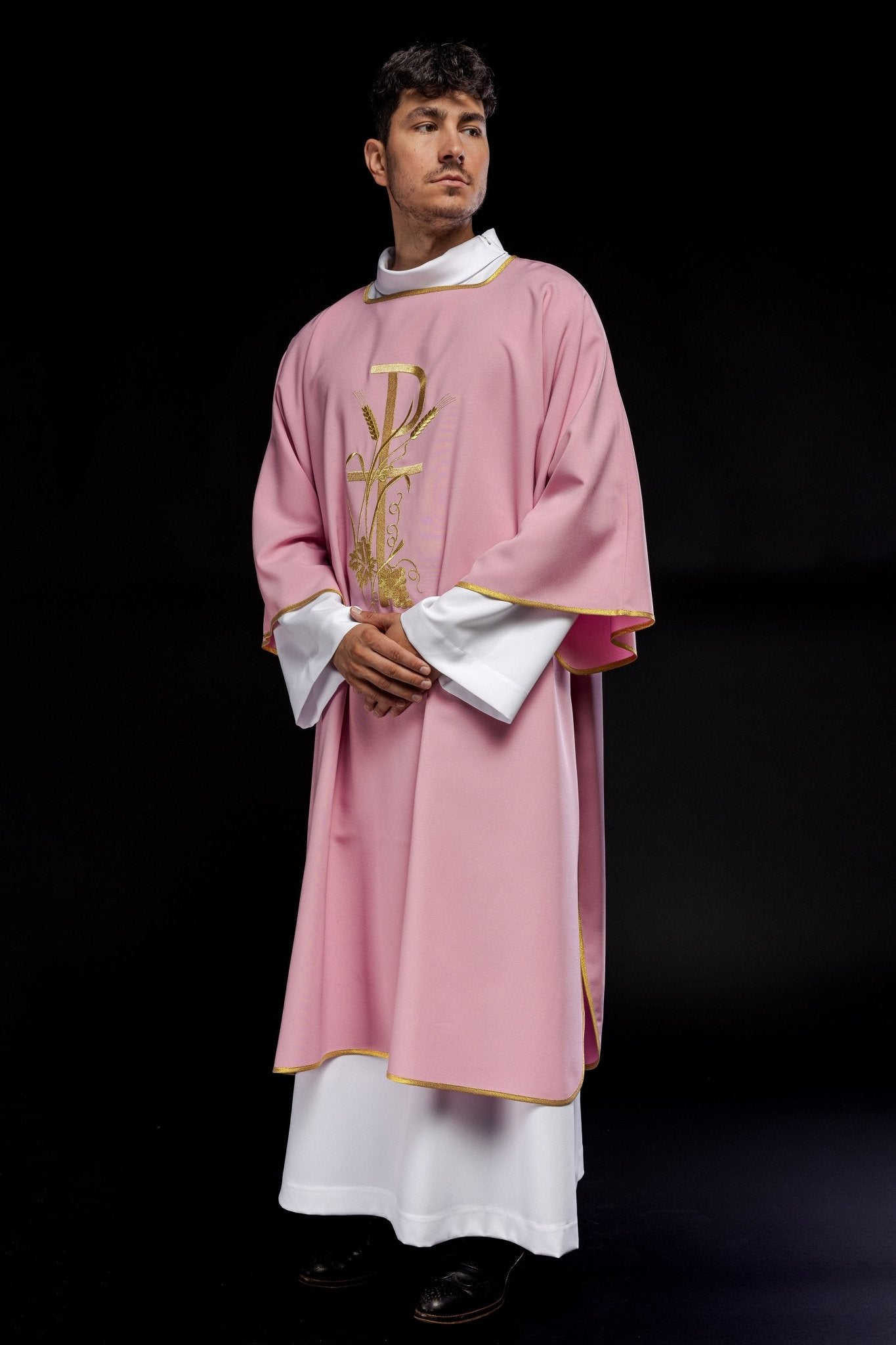 Pink dalmatic with gold Pax cross embroidery KDL/026/08/12/D - HAFTINAUSA.COM