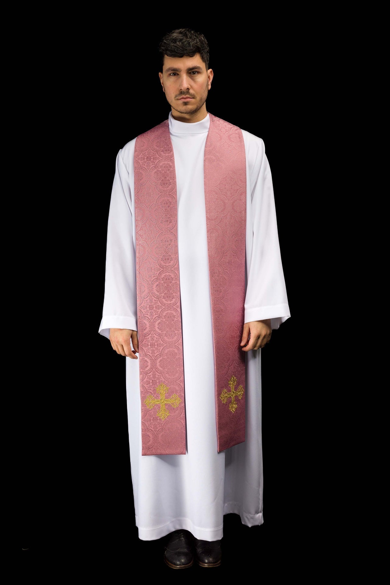 Pink jacquard stole embroidered with a cross motif KST/967/08/11 - CHASUBLES.COM