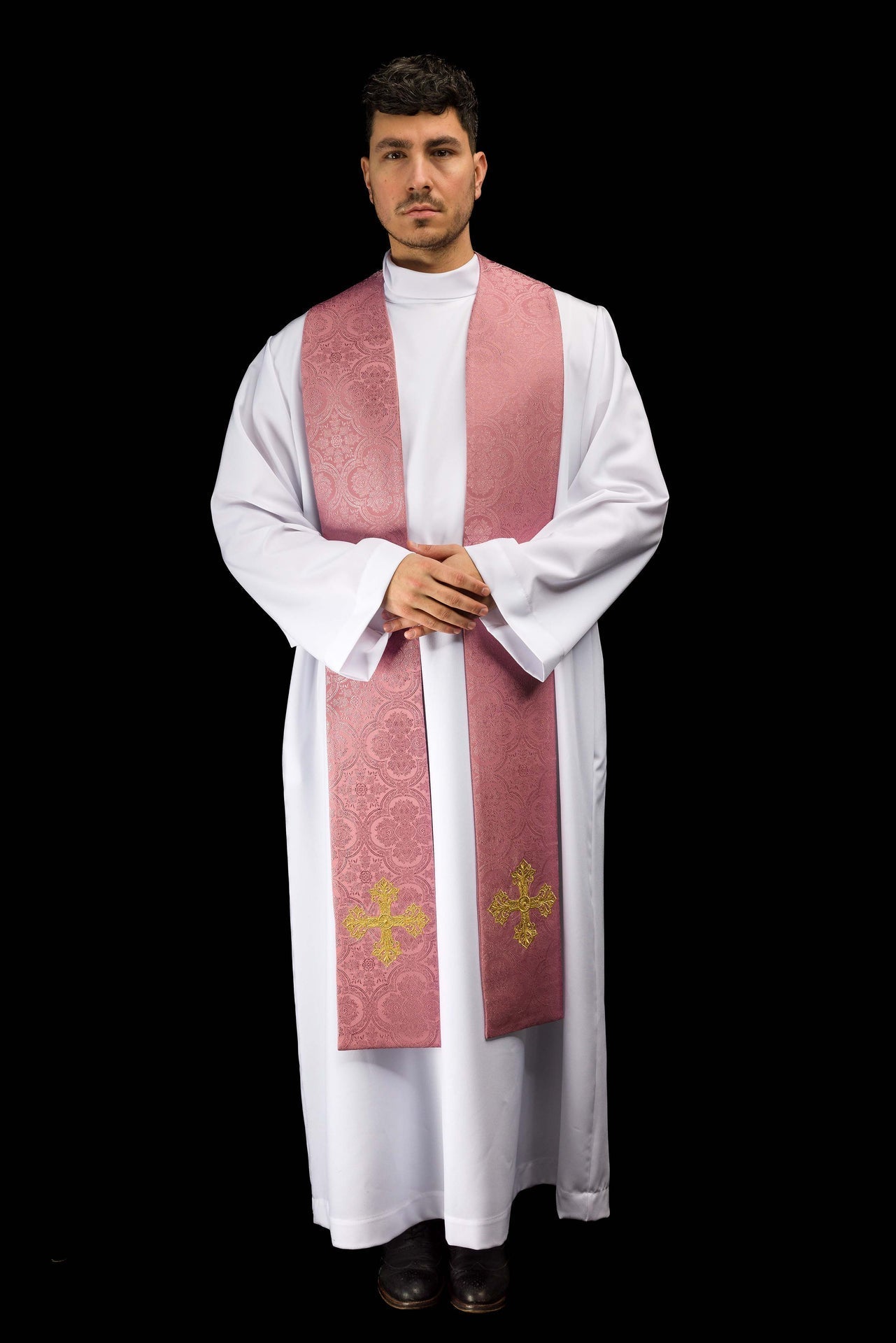 Pink jacquard stole embroidered with a cross motif KST/967/08/11 - CHASUBLES.COM