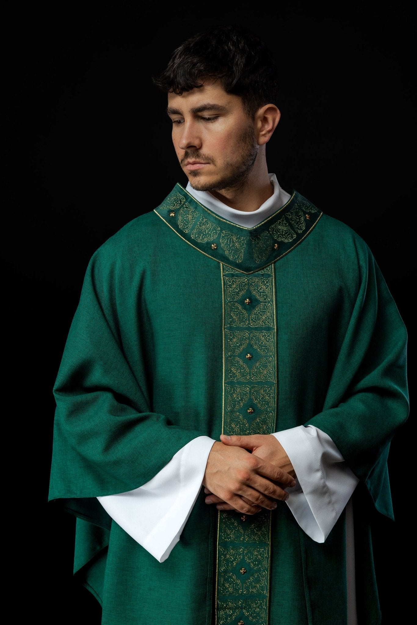 Priest robe made of green velvet texture S - 7057 - 01 - 70 - HAFTINAUSA.COM