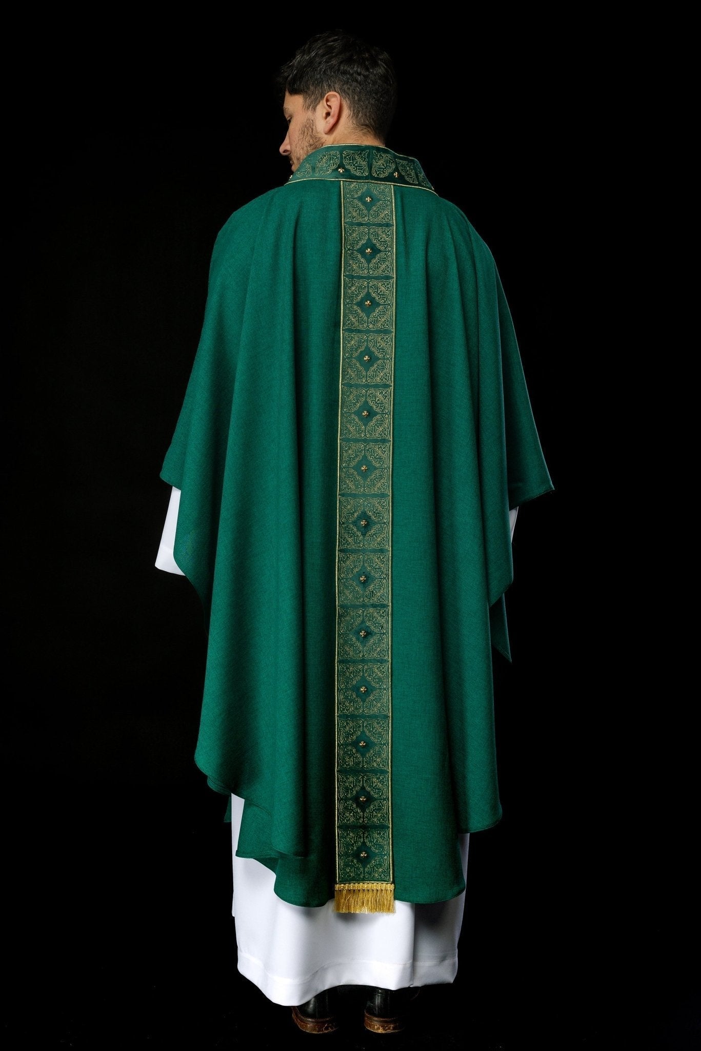 Priest robe made of green velvet texture S - 7057 - 01 - 70 - HAFTINAUSA.COM