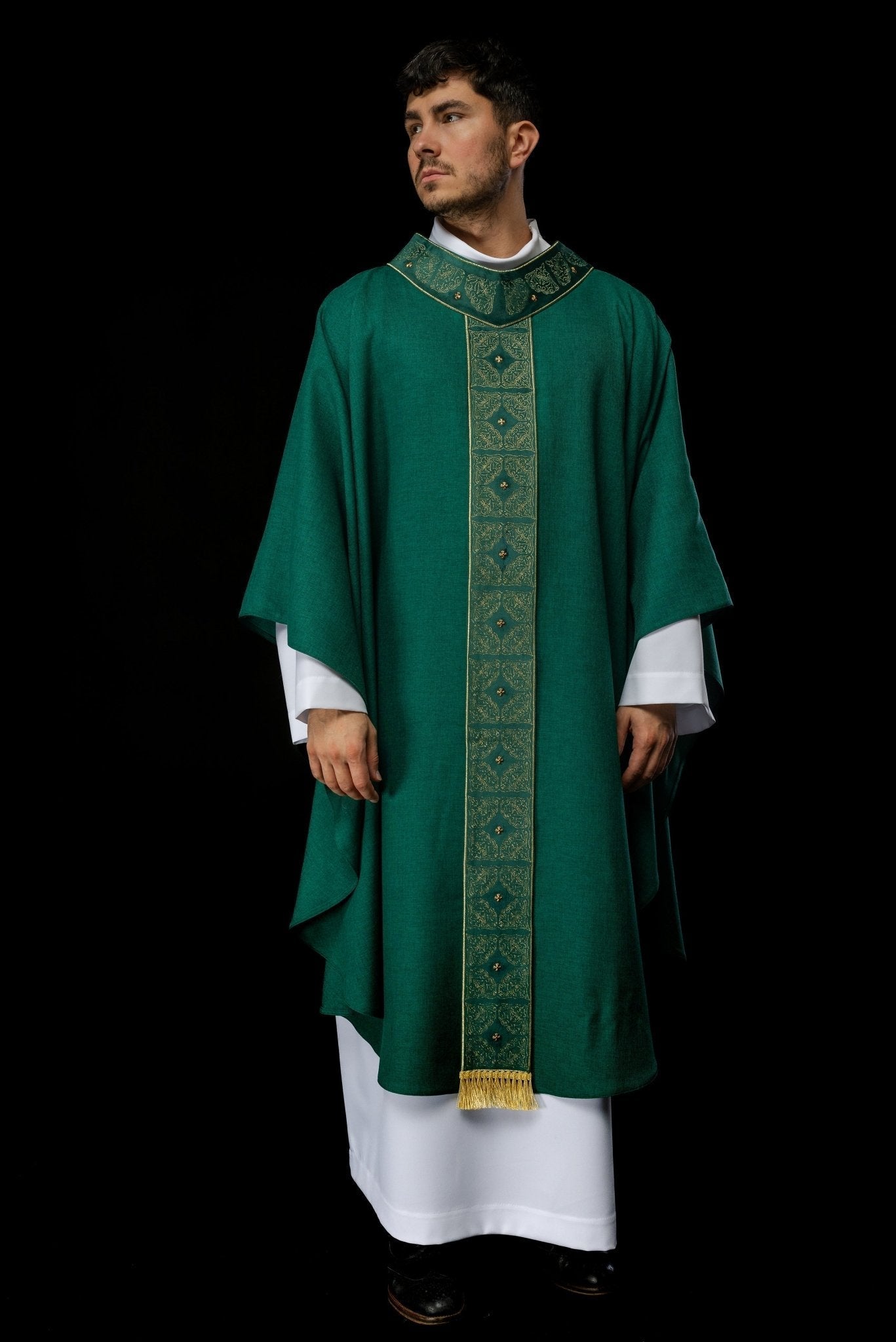 Priest robe made of green velvet texture S - 7057 - 01 - 70 - HAFTINAUSA.COM