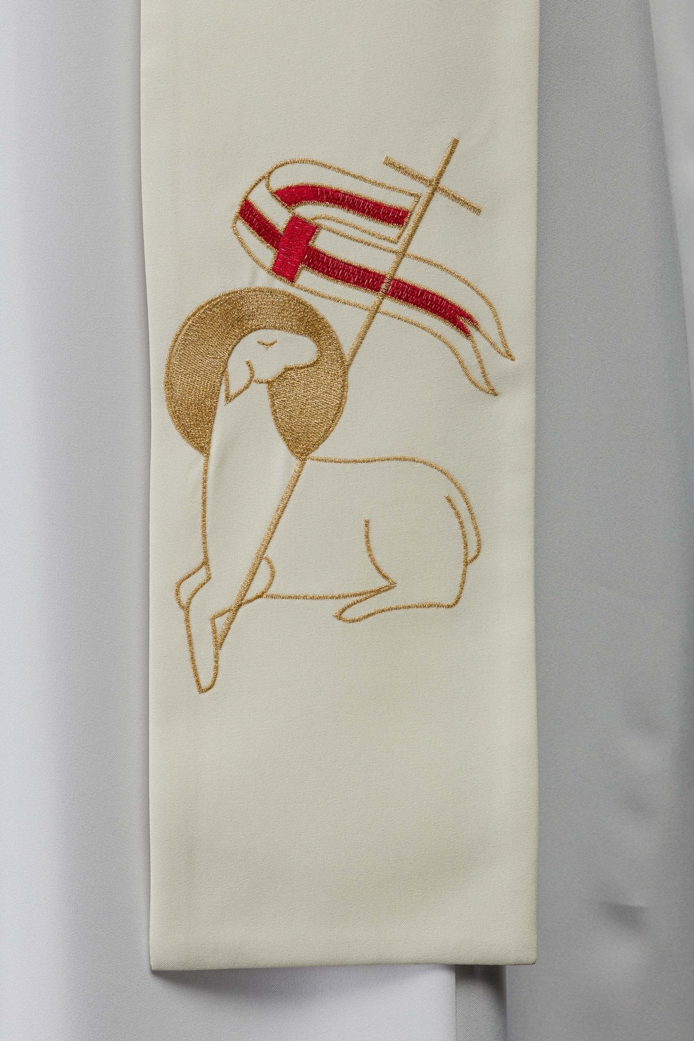 Priestly stole with embroidered Cross and Lamb in ecru KST/017/05/01 ECRU - CHASUBLES.COM