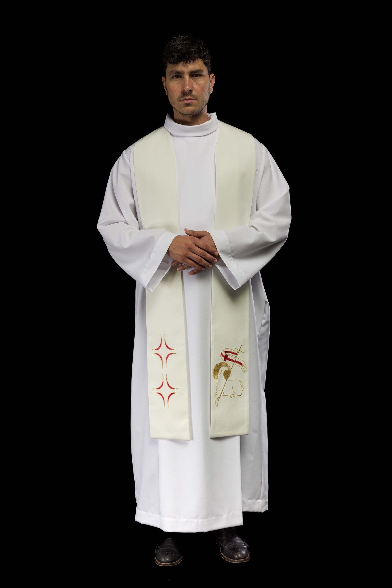 Priestly stole with embroidered Cross and Lamb in ecru KST/017/05/01 ECRU - CHASUBLES.COM