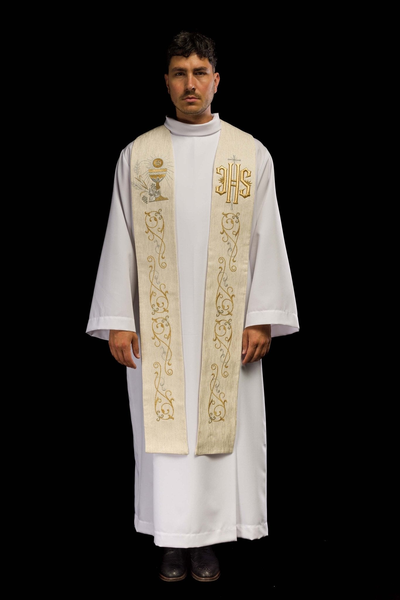 Priest's stole with embroidered IHS and Eucharistic chalice ecru KST/508/05/42 ECRU - HAFTINAUSA.COM