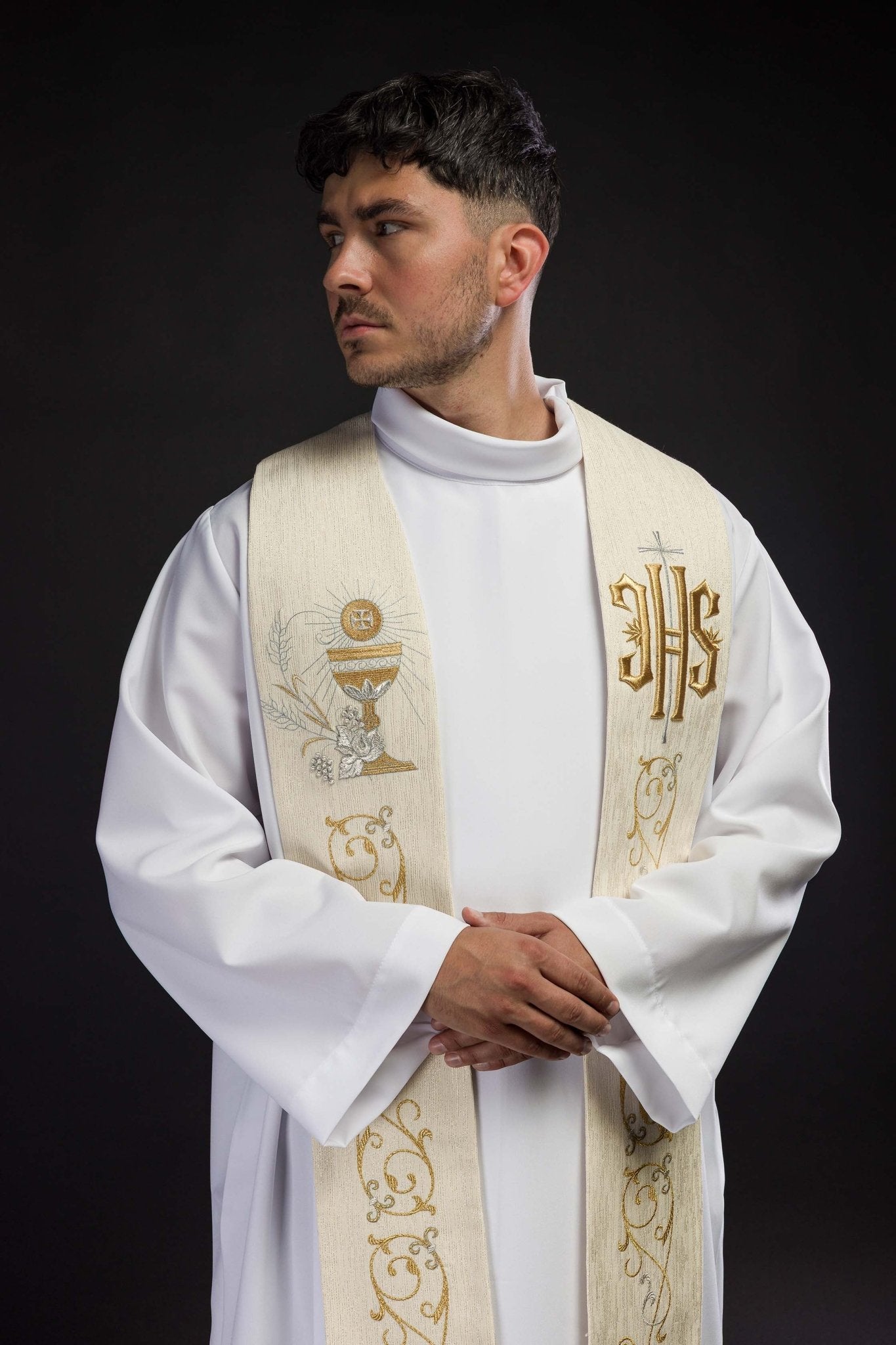 Priest's stole with embroidered IHS and Eucharistic chalice ecru KST/508/05/42 ECRU - HAFTINAUSA.COM