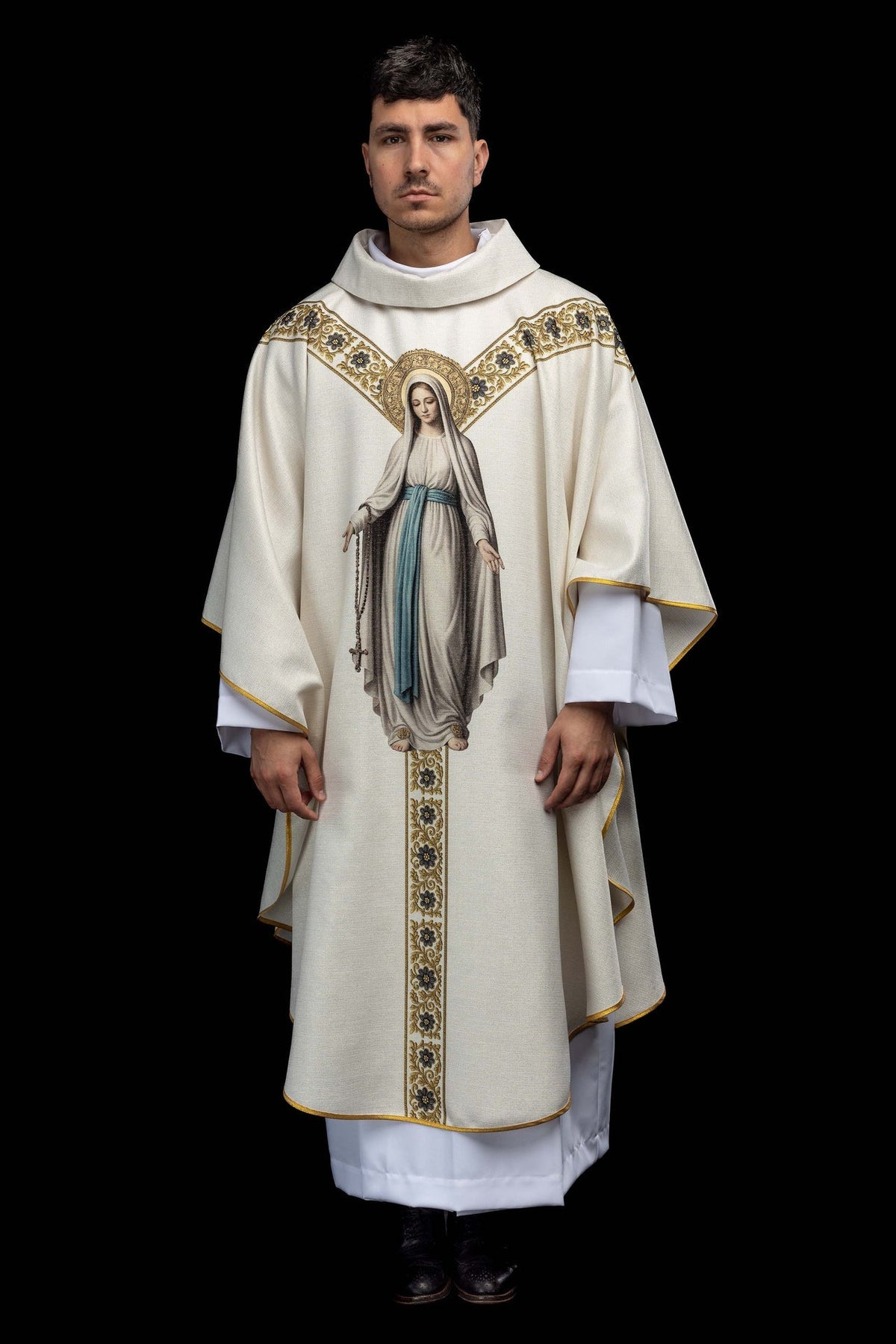 Front view of a printed chasuble with the image of Our Lady of Lourdes, showing Mary and floral bands