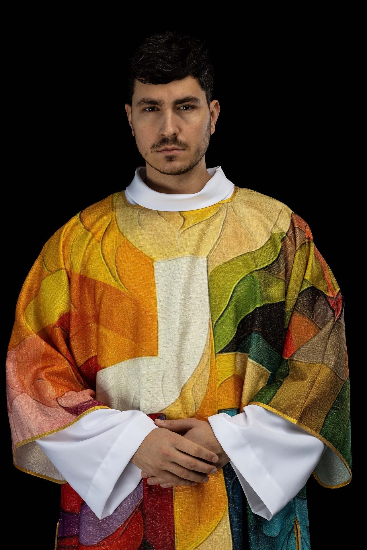 Printed colorful dalmatic with a cross motif KOD/1005/99/40 - CHASUBLES.COM