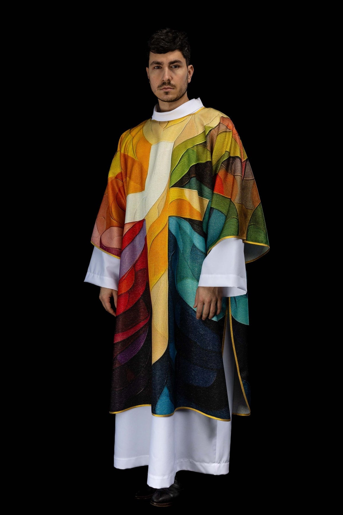 Printed colorful dalmatic with a cross motif KOD/1005/99/40 - CHASUBLES.COM