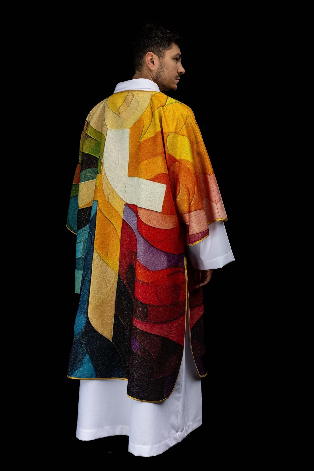 Printed colorful dalmatic with a cross motif KOD/1005/99/40 - CHASUBLES.COM