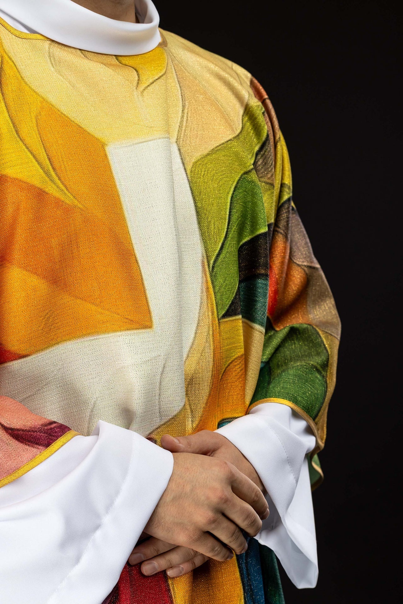 Printed colorful dalmatic with a cross motif KOD/1005/99/40 - CHASUBLES.COM
